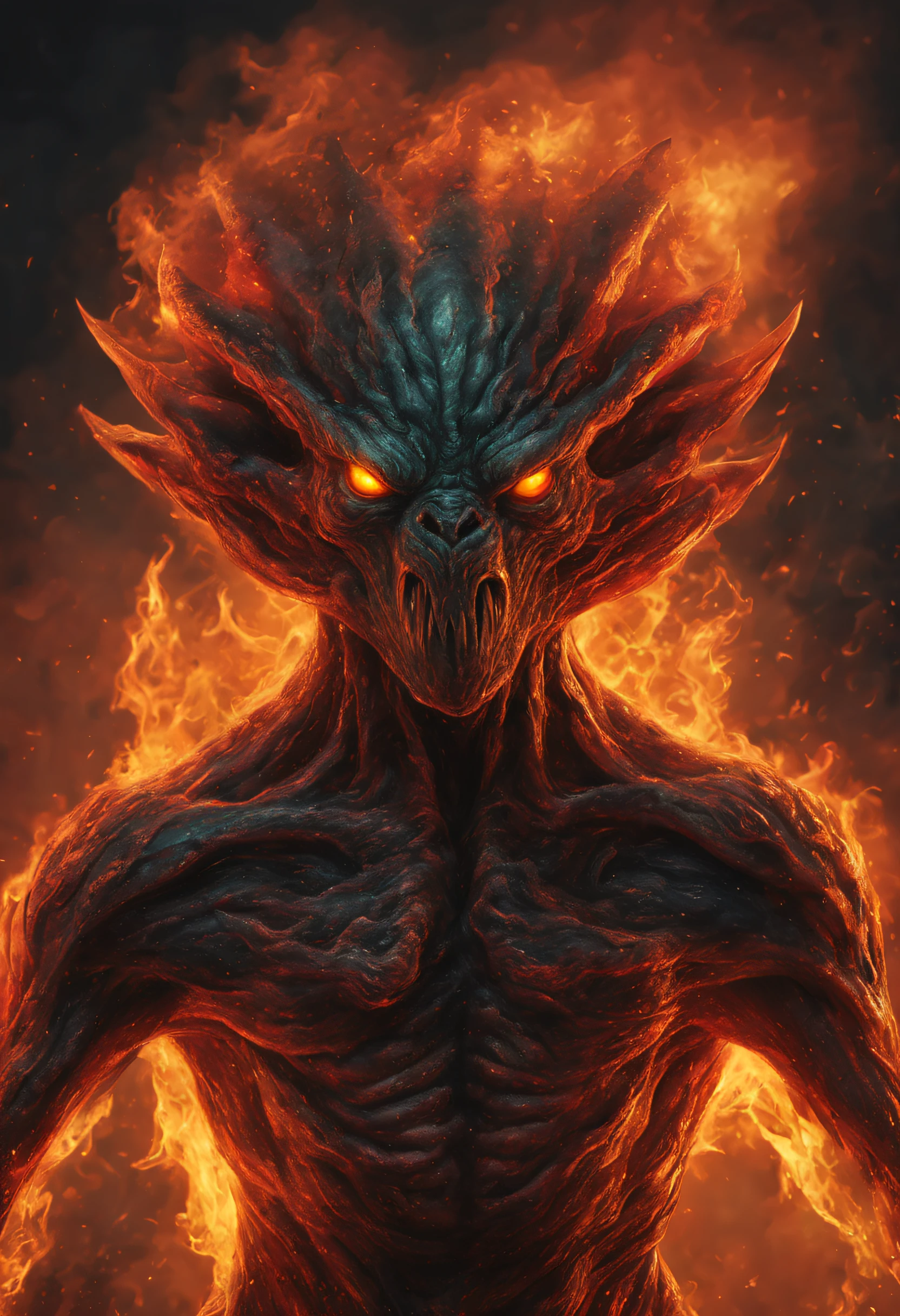 A realistic portrait of a very angry alien monster, it's very detailed and textured. The colors and shades are magnificent, eyes in fire