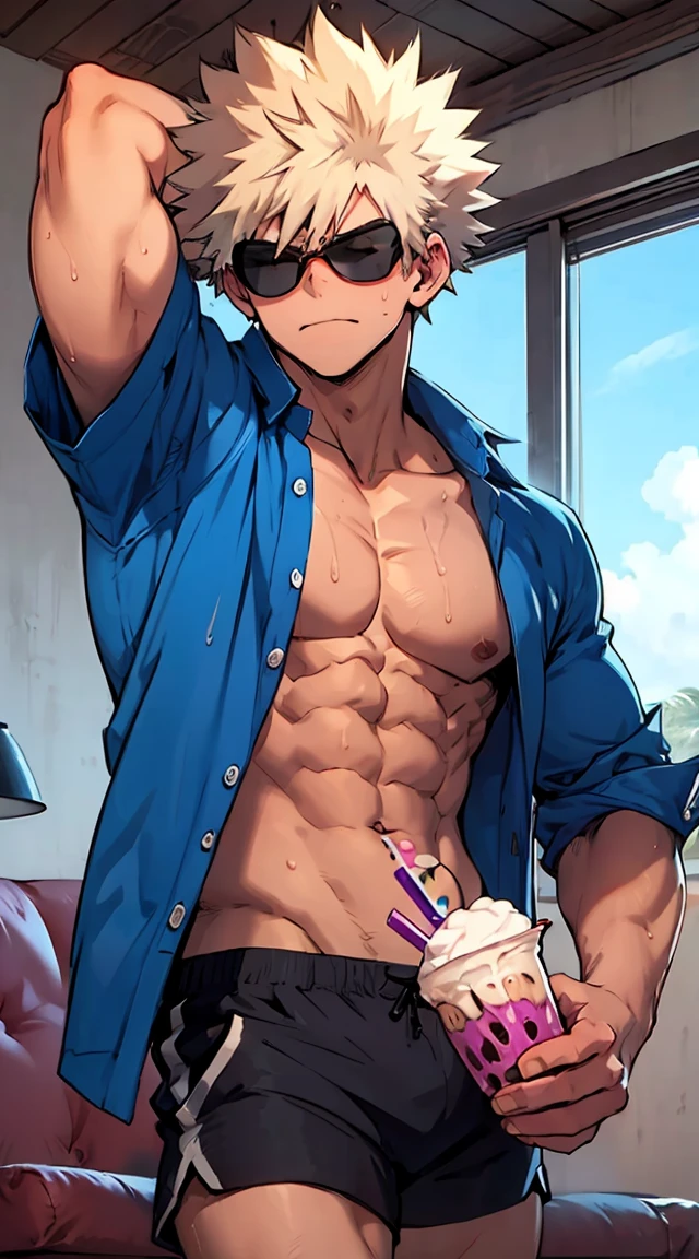 Bakugou Katsuki drinking milkshake in the living room with open shirt and hawaii shorts, bare chested sweating heavily. There are sunglasses on the head.