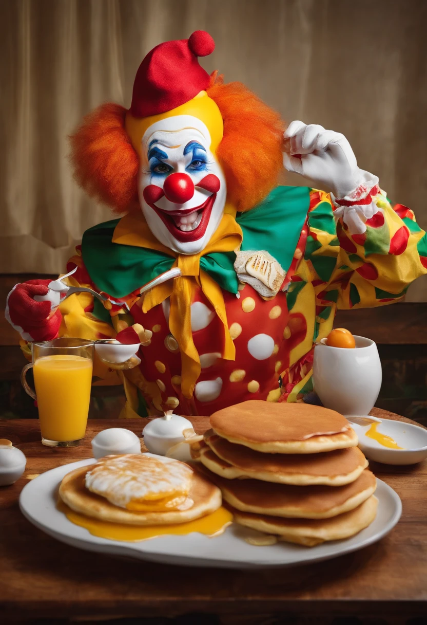 Sleazy McDonalds Clown creating a breakfast pancake art masterpiece,original,Ronald McDonald, male