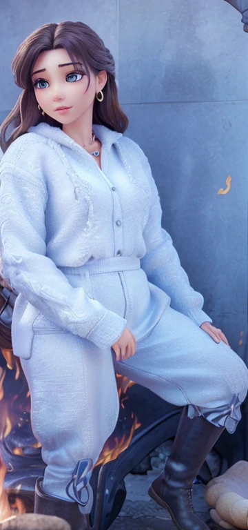 Best quality,masterpiece,ultra high res,(photorealistic:1.4)1girl,beautiful_face,detailed skin,full body,yuhuoshu,jewelry,solo,earrings,(fire:1.3),blurry,realistic,lips,