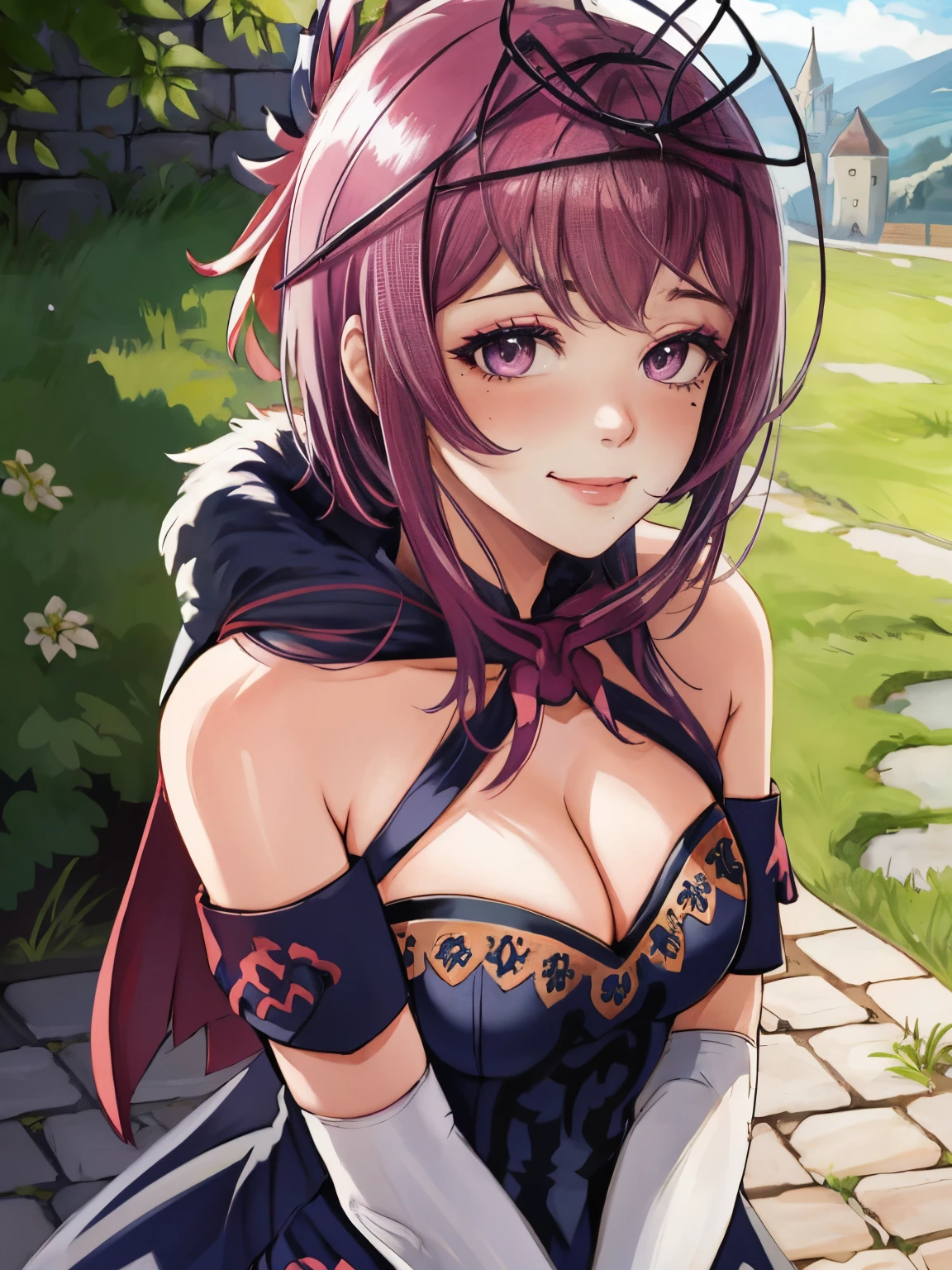 warBernie, hair bow, 1girl, solo, breasts, looking at viewer, embarrassed smile, gentle eyes, castle background, gloves, dress, cleavage, bare shoulders, purple eyes, upper body, elbow gloves, white gloves, mole, lips, makeup, mask, mole under mouth, full body