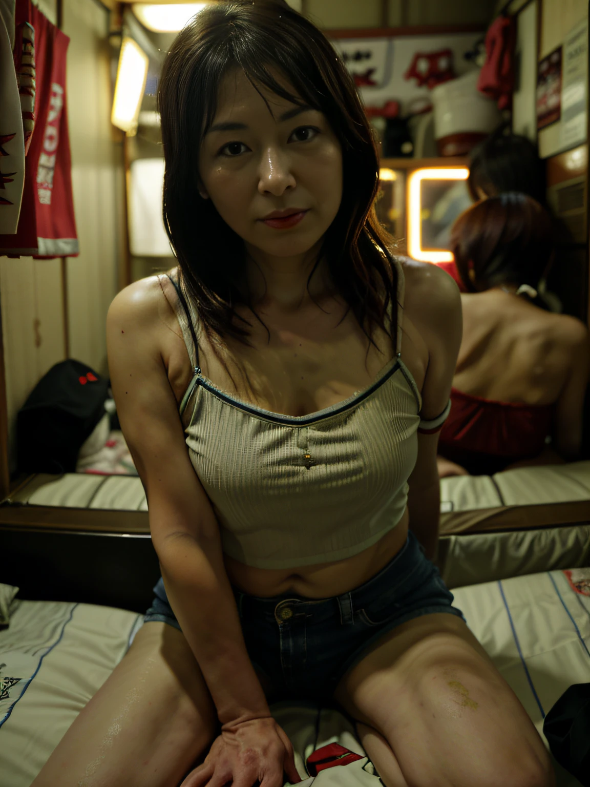 Best Quality, ultra-detailliert, absolutely resolution,48 years old Japan、beautiful mature lady、Touching the crotch、(open your eyes and look at the viewer)、Prostitutes、looking at the viewers、realisitic、cowboy  shot、Narrow and cramped room、Camisole、、Japan's Red Light District、((((Prostitutes))))、(deep in the night)、(Night view from the window)
