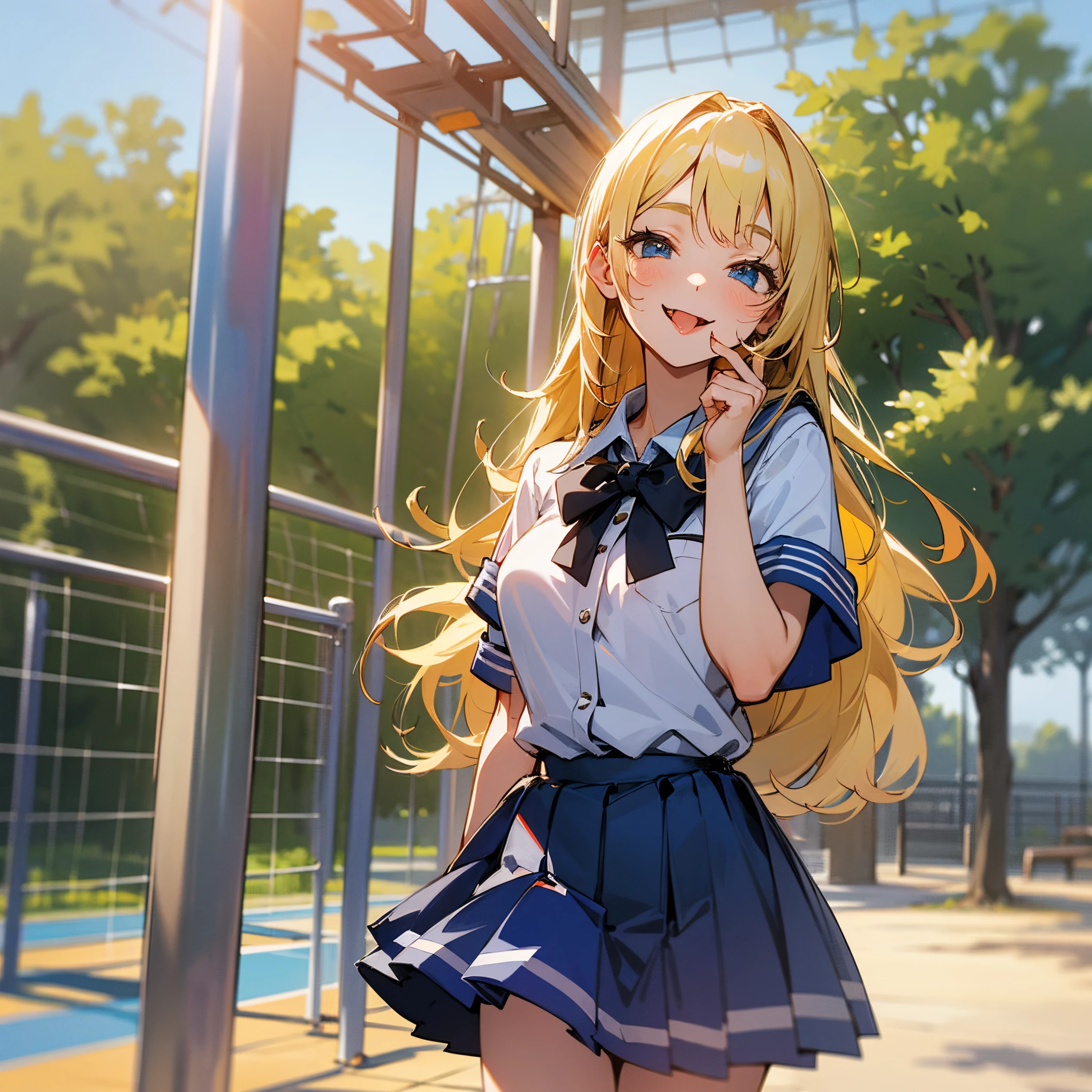 The background is a school playground A cheerful blonde girl with long hair, wearing a high school uniform and sticking out her tongue --auto --s2