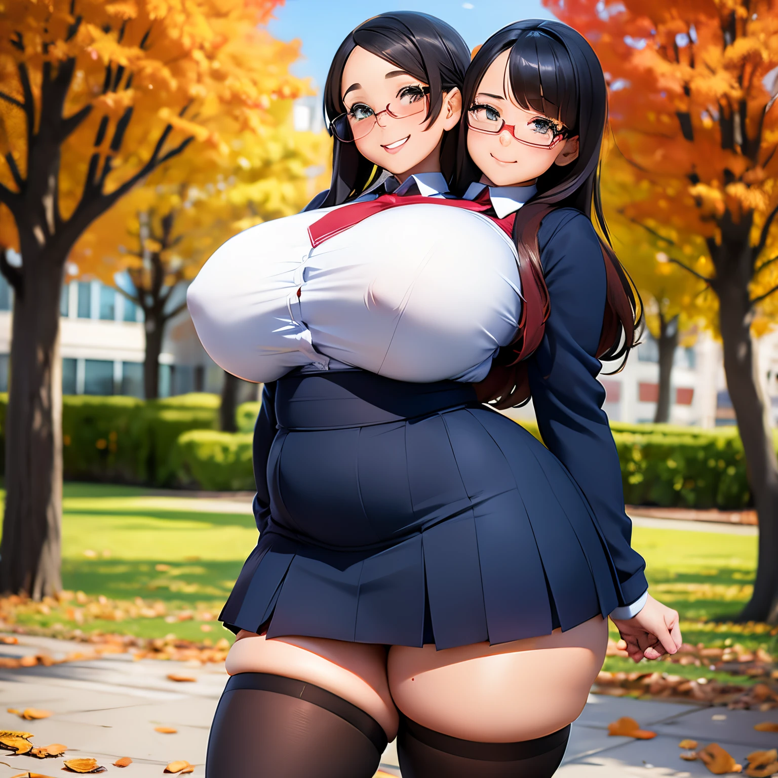 2 heads, a short chubby woman with 2 heads. Outside in the autumn, at a university. Enormous breasts. Schoolgirl attire. Miniskirt. Thigh-high socks. Young. Happy. Flirty. Seductive. Enormous breasts. Giant erect nipples.
