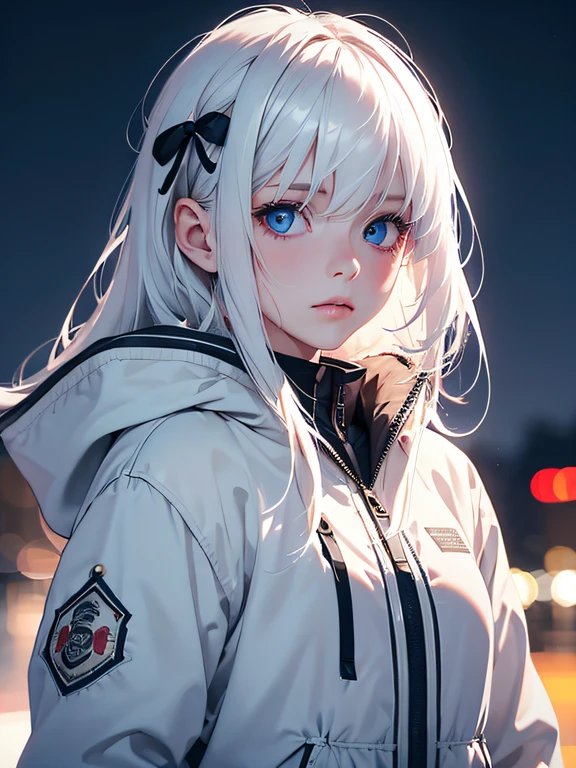 1girl,Albino, cute, white hair, blonde hair, beautiful, long hair, blue eyes, wearing a parka jacket, hair with a ribbon,night light ((8k, UHD, ultra realistic))
