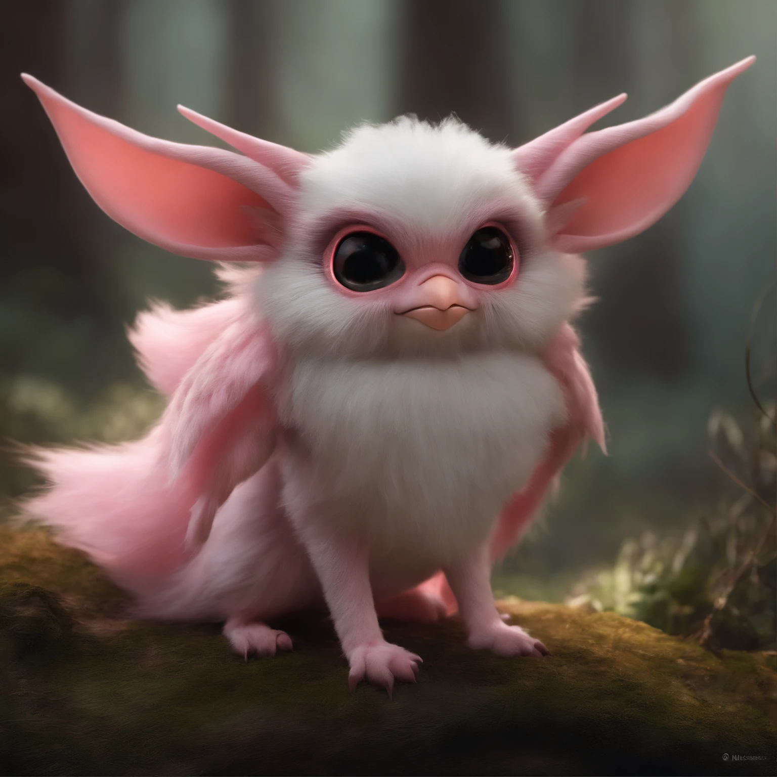 gremlin, like a swallow,antlers, Huge eyes, large ears, horns near the ears, big carrot in paws, white and pink fur, short tail, pink wool coat, The clothes, Best Quality, Masterpiece, in style of dark fantasy art