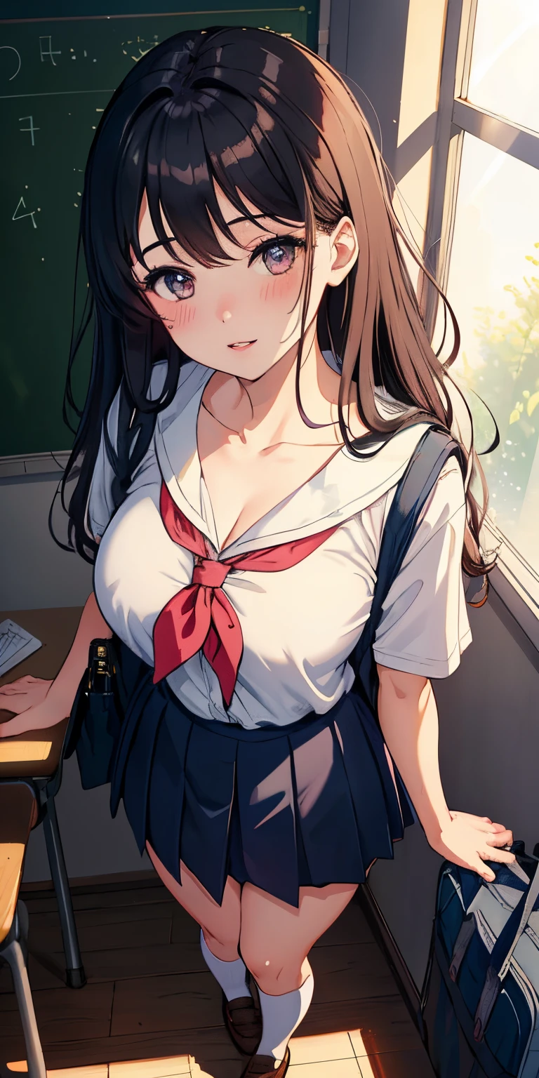 POV, from above, full body,1girl, parted lips, blush, makeup, light smile, school uniform, classroom, school bag, light rays, glow, thighs, collarbone, narrow waist, (masterpiece), wallpaper,