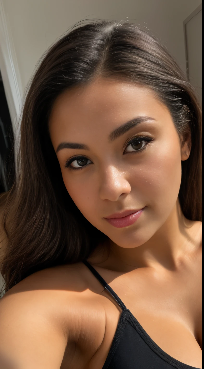 Foto RAW em sequencia, uma foto de uma adolescente 20anos, ((selfie da parte superior do corpo)), rosto detalhado, planos de fundo detalhados pouco desfocados, luzes naturais, HDR, foto realista, foto profissional, flerte com o espectador, visual sexy, fotorrealista, Linda, pele natural, 8k UHD, alta qualidade, filmic grain, Fujifilm XT3, full body