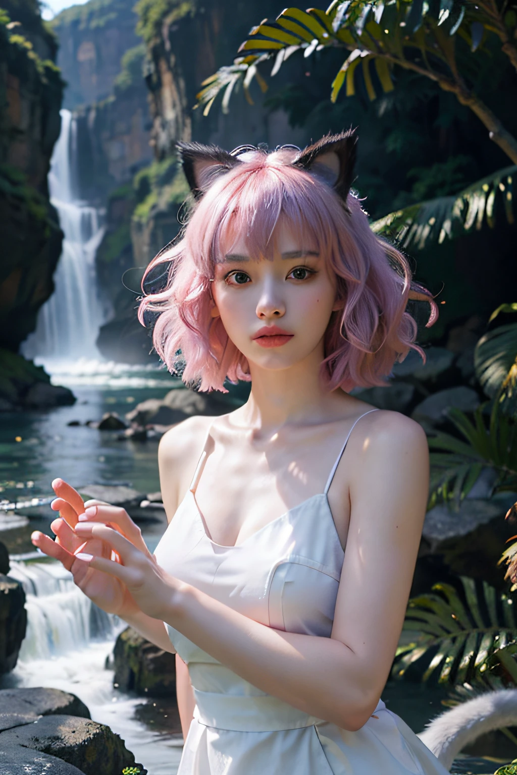(Jujutsu Kaisen Style) ((A white dragon rose into the sky)), &(A cat-eared girl wearing a battle uniform fighting a Chinese dragon.; 1.3) , (Cat-eared girl fighting towards the camera : 1.3 ), (Cat ears are large and have downy hair..), light reflects on the water surface , light magic , Fantastic background , Background meaning , Beautiful background , There is artistic overlap , long Brond Hair , surrealist. Cinematic lighting , Ray tracing , God Light , SPEEDLINE , angle of view , Hyper Hi-Vision, master piece, top-quality , super detailing , hight resolution , hightquality , ( Distant view : 1.3)(top-quality:1.4), ((masterpiece)), ((realisitic)), (detaileds),(Photorealsitic:1.4), (The Chinese white dragon is looking at us), &A cat-eared woman wearing a battle uniform stands in front of a white dragon at a mysterious waterfall....., (The cat ears are the same color as the hair and are larger.....), By this、It feels very natural and real, Cinematic. leng jun, still from a fantasy movie, wlop and ross tran, chinese fantasy, elegant cinematic fantasy art, ross tran and wlop, matte painting portrait shot, Movie photography concept art, Portrait of a girl with cat ears, fantasy character photo, Fantasyart, Final Fantasy,Britt Baker'Fight dragons at mysterious waterfalls、Portrait photo of a beautiful cat-eared woman with her hair up in a nightclub (masutepiece) (Best Quality) (Detailed) (8K) (nffsw) (Wallpaper) (Cinematic lighting) (Sharp Focus) (Convoluted)