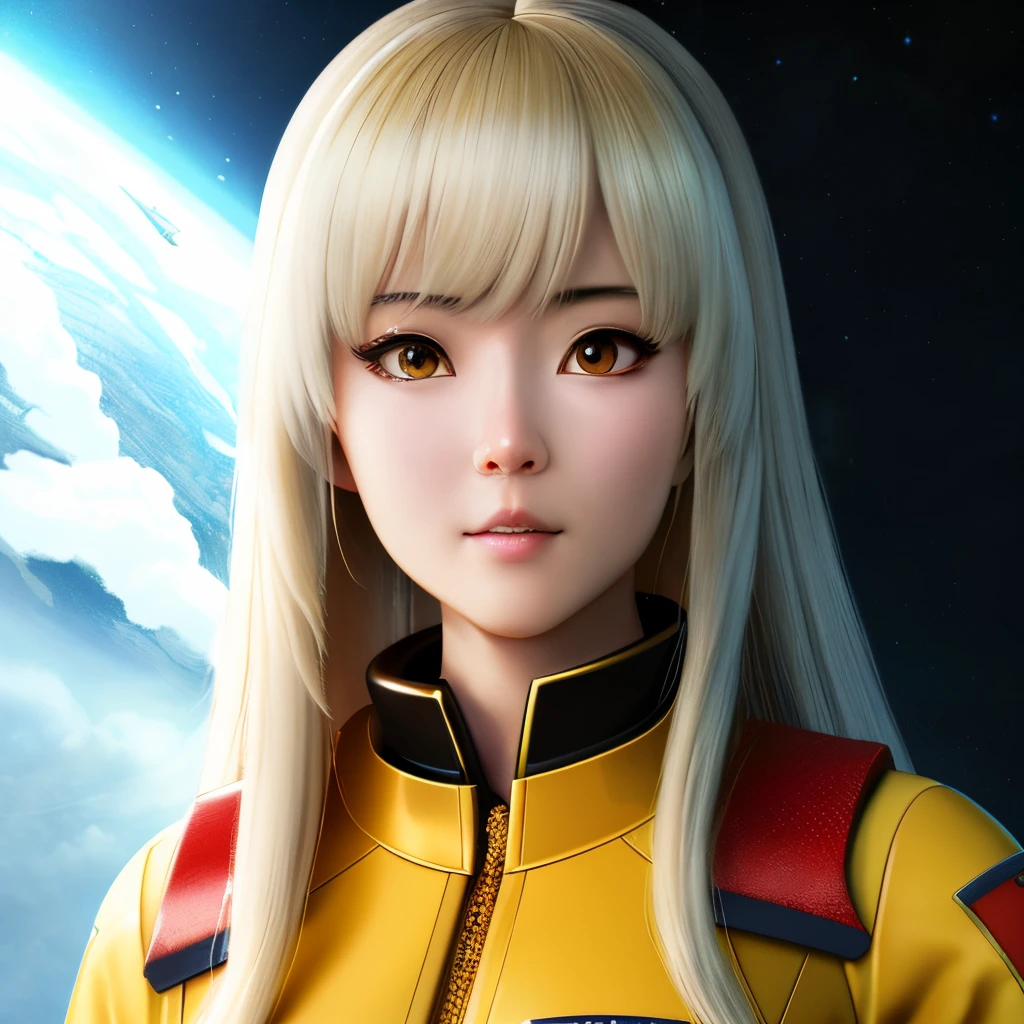 Space Battleship Yamato&#39;s only crew member。　Senyuki　Beautuful Women　eyes cut long　Yellow bodysuit　realistic　photoRealstic　8K High Definition　a picture