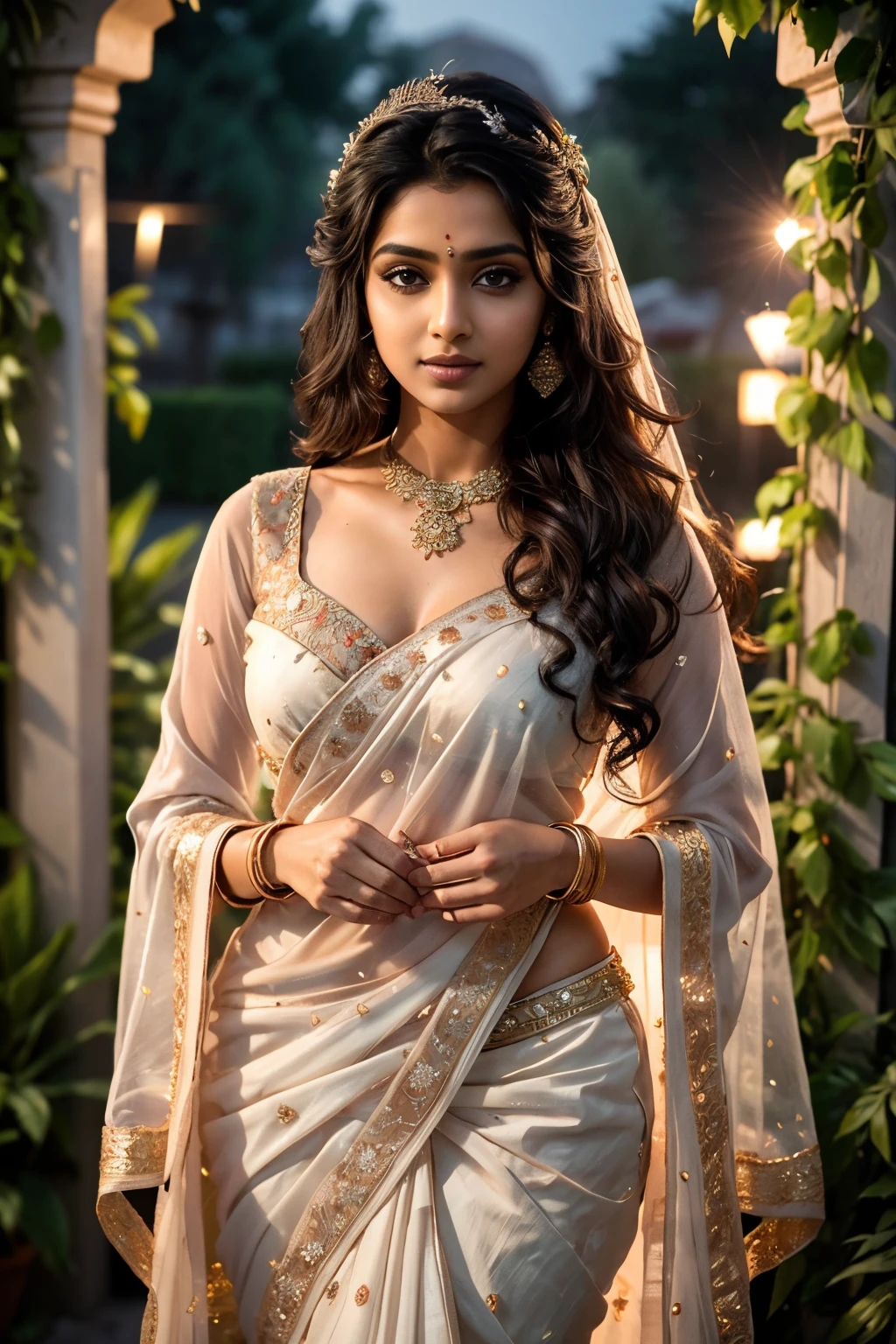 Young Indian woman, bride, sexy wedding saree, wedding, flower in hair, garden, night, detailed body, detailed face, ultra realistic, charming, cute, big hazel eyes with long curly hair, perfect fingers, ambient lighting, winter, detailed background, 8k