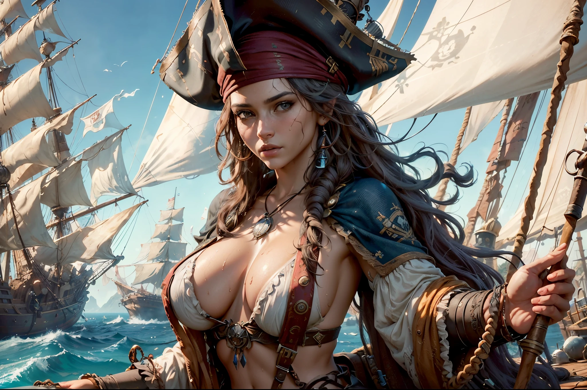 Generate a detailed and creative description of a female version of Jack Sparrow with large breast. Envision her appearance, clothing, and accessories with a unique and captivating twist while maintaining the essence of Jack Sparrow from 'Pirates of the Caribbean.' Emphasize her personality traits and any distinctive features that set her apart, beautifull face, pretty face, masterpiece, best quality:1.2),(8k,highres,RAW photo,realistic,photo-realistic:1.3),(detailed skin texture,detailed cloth texture,beautiful detailed face:1.25),professional lighting,photon mapping,beautiful soft light,radiosity,physically-based rendering,model shoot style, model shoot style, (extremely detailed CG unity 8k wallpaper), full shot body photo of the most beautiful artwork in the world, complex 3d render ultra detailed, looking at viewer, 18 yo, wet hair, real human skin, vibrant details, hyperrealistic, beautiful, octane render, 8k, best quality, masterpiece, an extremely delicate and beautiful, extremely detailed ,CG ,unity ,wallpaper, (realistic, photo-realistic:1.37),Amazing, finely detail, masterpiece,best quality,official art, extremely detailed CG unity 8k wallpaper ,extreme detailed eyes, (perfect face), shiny skin, colorful, highest detailed, vibrant colors, ultra high res, (high contrast), intricate, lens flare, big pirate hat