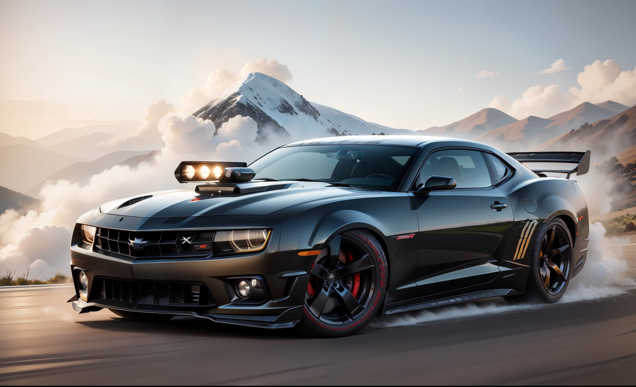 Photorealistic Camaro sports car drifting on mountain road, Formula Drift, Oversteer, Smoke coming from the rear tires, carro deslizando lateralmente perto do penhasco, deriva, Gincana, Rali Cross, Automatic crossing