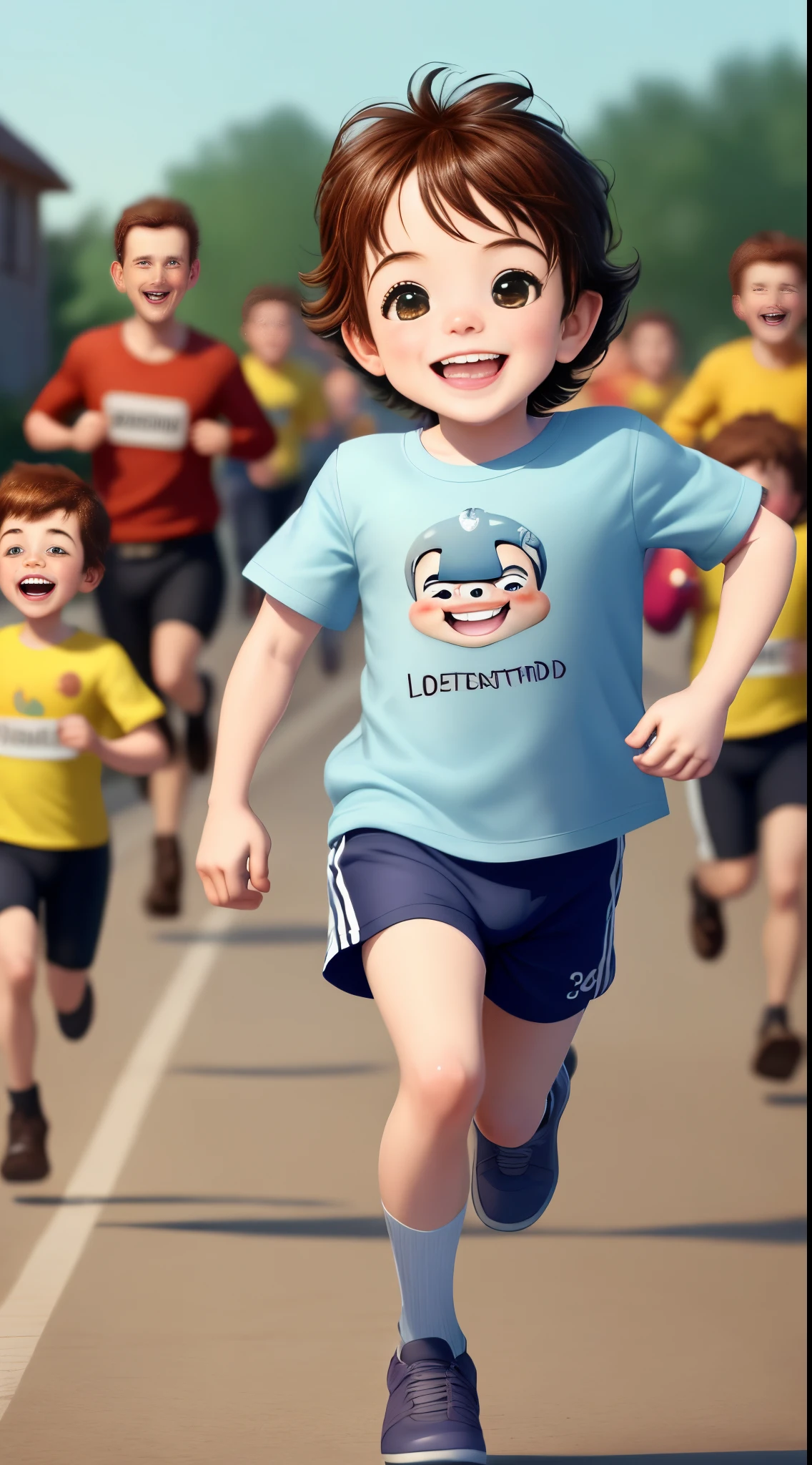 Create a running smiling holding a sign that says: " Leal Desentupidora Ltda", and a group of babies running after him smiling. Use imagem estilo Disney pixar.