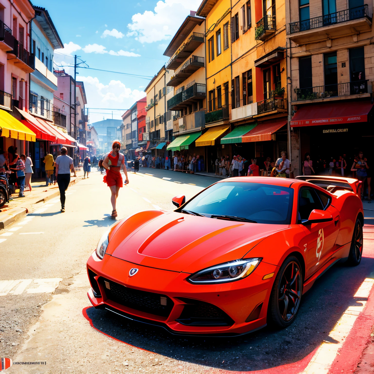 Brazilian Carnival, in street brackground, it's a sunny day, it's summer, modern parked sport cars, with ultra realistic photographic aesthetics. Predominantly red colors.