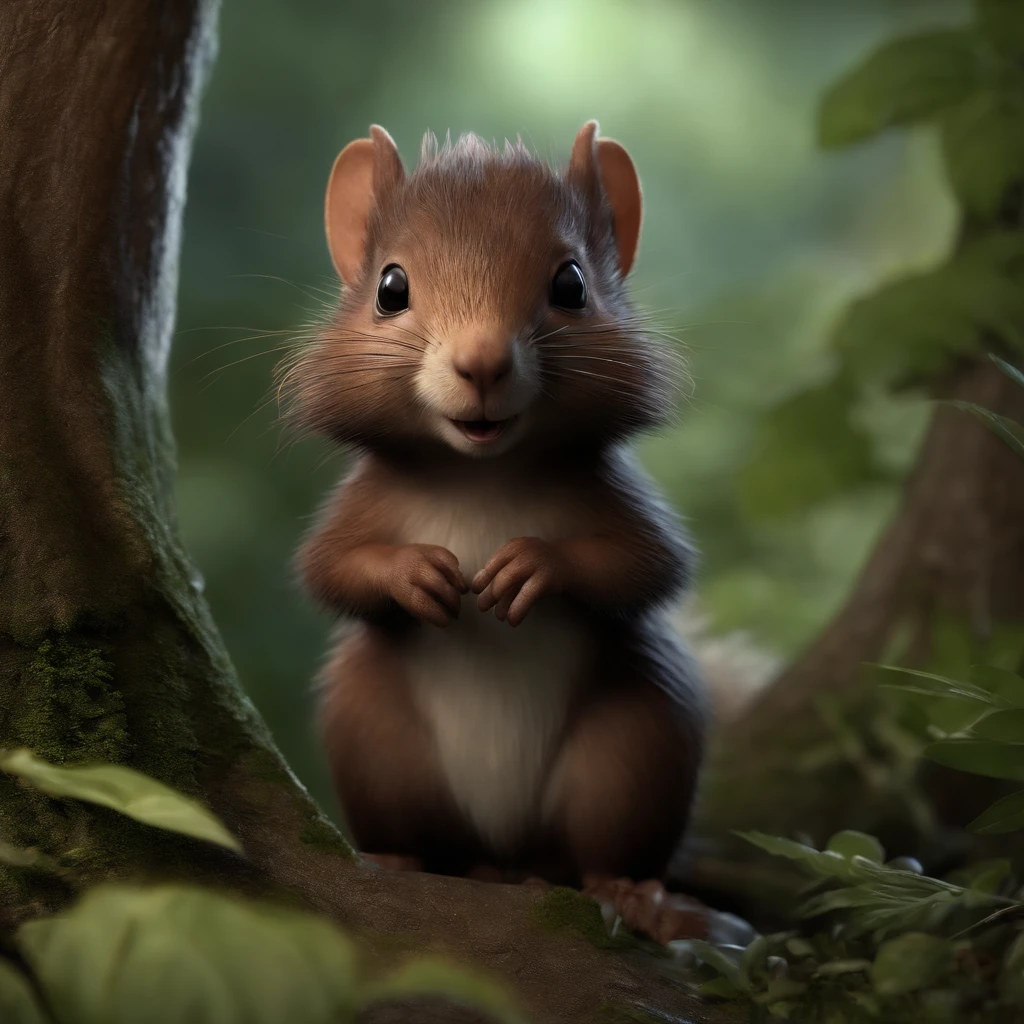 gremlin, echidna-like, bright silver and brown, long tail, large ears, covered with silver fur, holding an acorn in his paws, water, Burrow, tree roots stick out from the walls in the hole, mushrooms sticking out of the ground, Best Quality, Masterpiece, in style of dark fantasy art,真实感, Realism, tmasterpiece, Brad Jongsan walks in the jungle (Night of the Fireflies), (higly detailed: 1 1), rough face, natural skin, hiquality, NSFW, pretty eyes, (Detailed face and eyes), (s face: 1 2), tumult, Complementary, real-photo, ...PSD, Lightweight Film Photography, sharp-focus, contrast lighting, Detail Skin, high resolution 8k, Crazy detailing, Realistic, professional photo of a, 8K UHD, dslr, soft light, hiquality, film grains, Fujifilm XT3, (CBZBB:1.25), ((echidna)),CBZBB,Cute, Small, baby, Beautiful, Fantasy art, deviant art, trending artstation, Digital Art, Detailed, Realistic, humanoid, character, tiny, Cinematic shot, cinematic portrait of a squirrel, cute character, looks like an echidna-like troll,