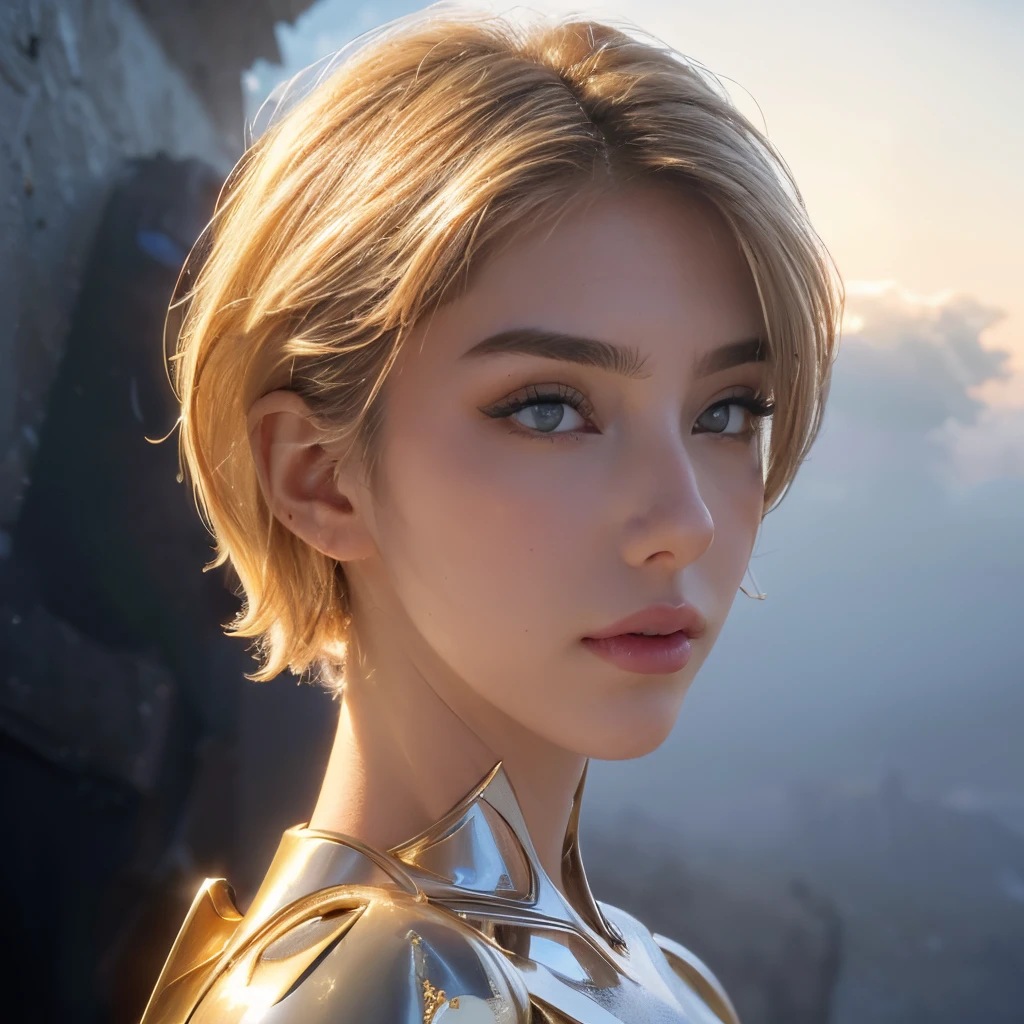 ((masterpiece)), 8k cg, best quality, intricate details, chromatic aberration, ((bust shot)), ((looking at the viewer)), 1girl, Caucasian, ((Character((strong girl)), confident smile, closed mouth, thin lips)), ((scarlet red eyes)), ((Narrow eyes, hyper detailed eyes)), lens flare, ((chiseled facial features, tom boy, ((sharp eyes, strong face, mature, fierce facial features)), strong jaw, square jaw, skinny face, thick eyebrows, (very short hair, ((golden blonde hair color)), choppy bangs, shiny hair,), full of life, ((White Cybernetic armor, White body suit)), ((B Cup breasts, wide shoulders, hourglass figure, thin neck)), absurdres, cinematic lighting, dynamic lighting, fantasy, ((dark background, stars, fog))