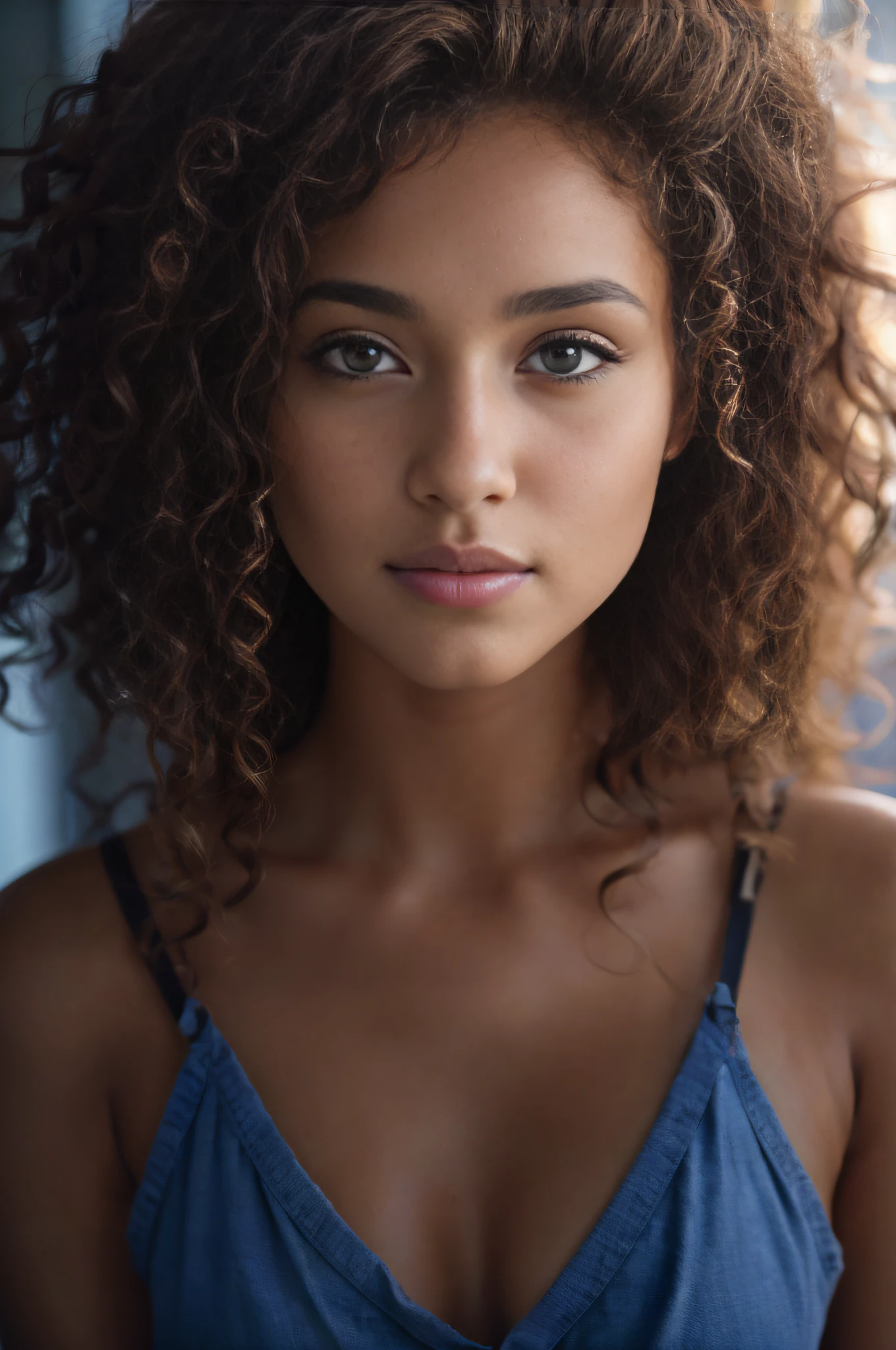 Masterpiece. Best quality, brown-skinned young woman with green eyes and curly hair posing for a picture, soft portrait shot 8 k, beautiful young girl, beautiful portrait image, photo of a beautiful woman, perfect face and eyes, gorgeous face portrait, beautiful young woman, beautiful portrait photo, beautiful model girl, extremely beautiful face, very beautiful young woman, beautiful girl model, beautiful portrait lighting 8k uhd, dslr, high quality, film grain, fujifilm xt3