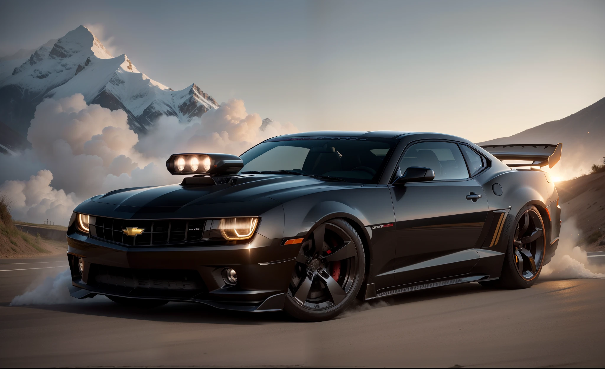Camaro sports car with headlights on and on photorealistic drifting on mountain road, Formula Drift, Oversteer, Smoke coming from the rear tires, carro deslizando lateralmente perto do penhasco, deriva, Gincana, Rali Cross, Automatic crossing