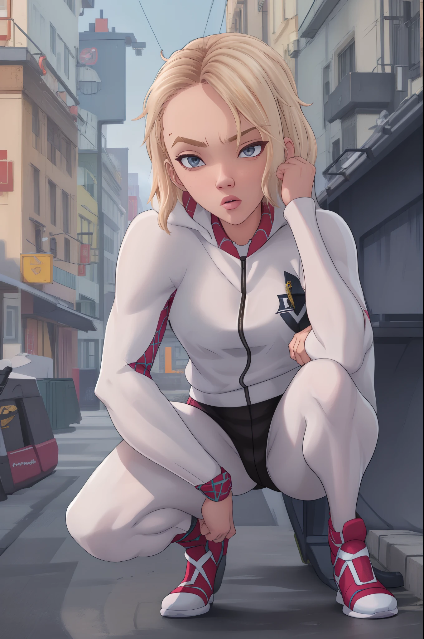 a very confidant badass arrogant cocky boss bitch attitude ,gwen stacy  wearing adidas tracksuit slav squatting with both of her hands in her pants pockets with a mean face with holding an ak47 incrsdealwithit