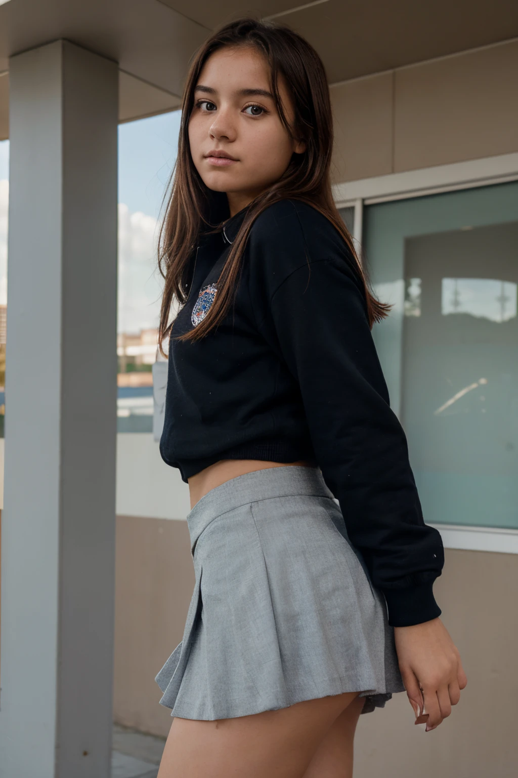 (8K), (Mejor calidad: 1.2), (realista), (fotorrealista: 1.37), ultra-high def, Foto polaroide, a girl dressed in school clothes with a school miniskirt, The skirt shows a little that she is not wearing her panties because the skirt was blown away by the wind..