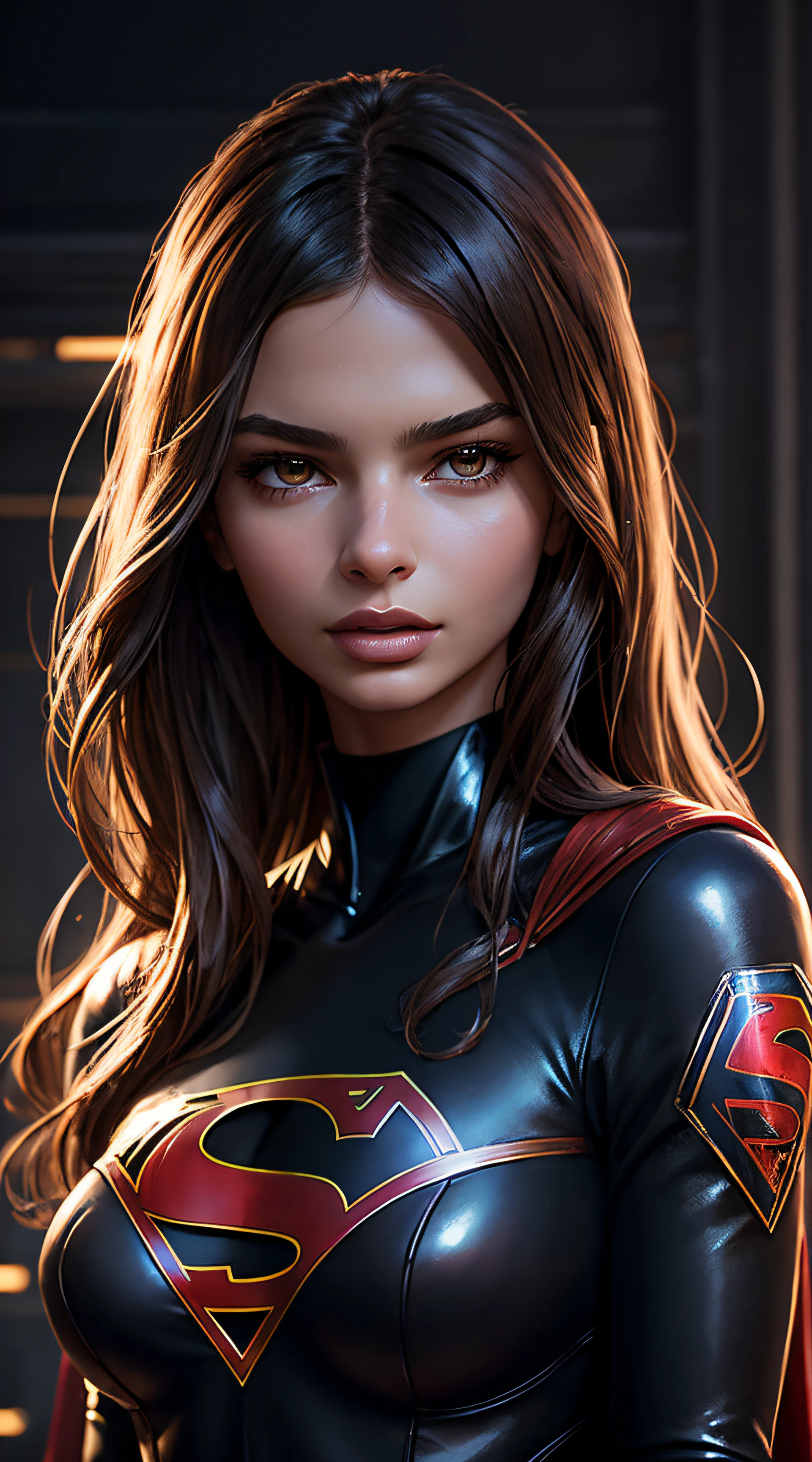 Emily Ratajkowski, supergirl latex sexy clothes, character portrait, 3 9 9 0 s, long hair, intricate, elegant, highly detailed, digital painting, artstation, concept art, smooth, sharp focus, illustration, art by wlop, charlie bowater and alexandra fomina