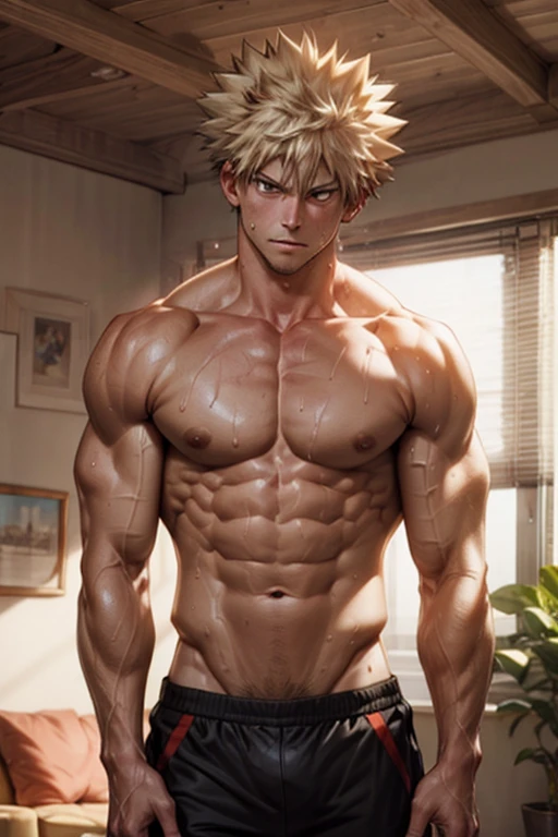 Bakugou Katsuki standing naked sweating heavily in a living room, V-cut abs and body Looking at the viewer softly.