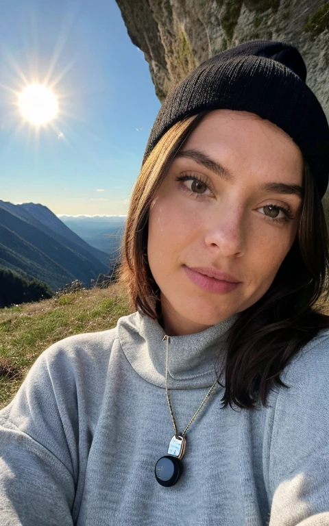 fotorealistisch, best quality, Hyper detailliert, gorgeous woman, Selfie-Foto, upper body, nur, Pullover tragen, al fresco, (Nacht), Gebirge, Natur im wirklichen Leben, Sterne, Mond, (heiter, happy), Schlafsack, Handschuhe, Pullover, Beanie, Taschenlampe, Wald, Felsen, Fluss, Holz, Rauch, Zahn, klarer Himmel, Analoger Stil, Blick auf den Betrachter, Hautstruktur, Filmkorn, close up, ultra-high resolution, Bester Schatten, .RAW, instagram LUT