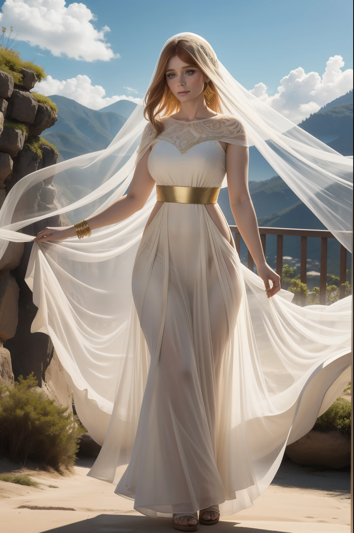 Bryce Dallas Howard, 29 anos de idade, Loira em estilo grego drapeado vestido tomara que caia bege , beige veil, fluttering transparent cloth, cabelos ao vento, corpo atletico, olhos claros, Wide gold bracelets on the arms, gargantilha, olhos brancos, cabelos loiros longos soltos ao vento, Realismo 32K, arquitetura grega