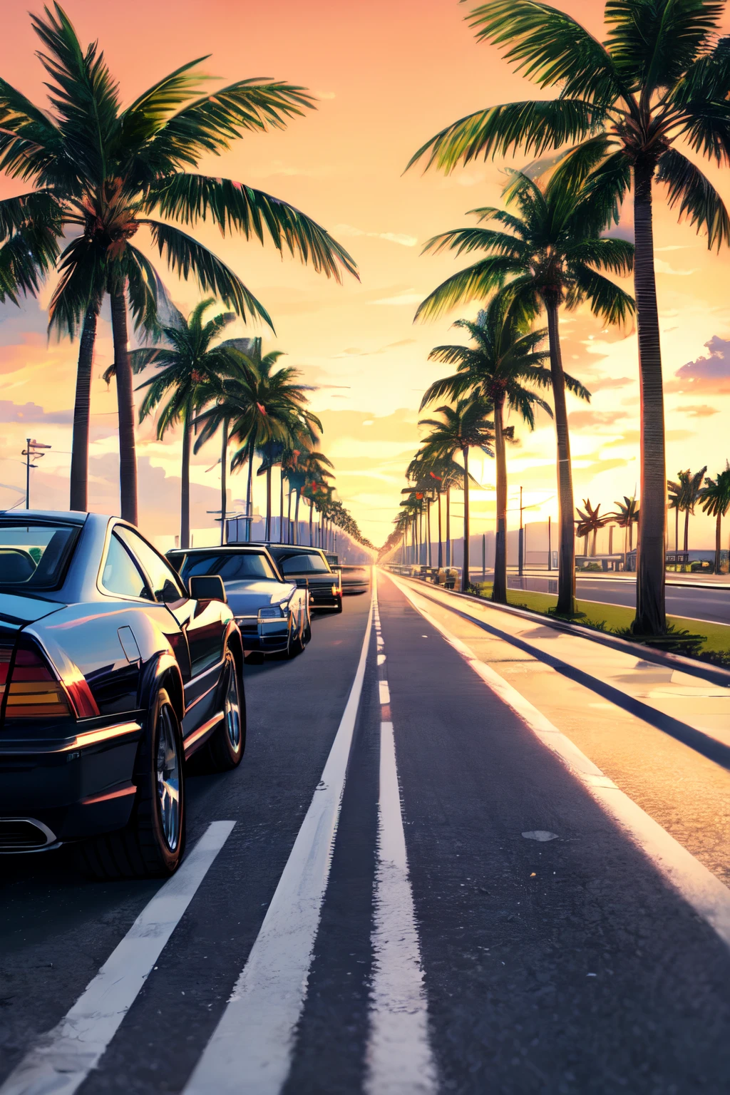 grand theft auto , miami , vice city , palm trees , orange ,purple , dawn , HD , gta 6 , cars, highway
