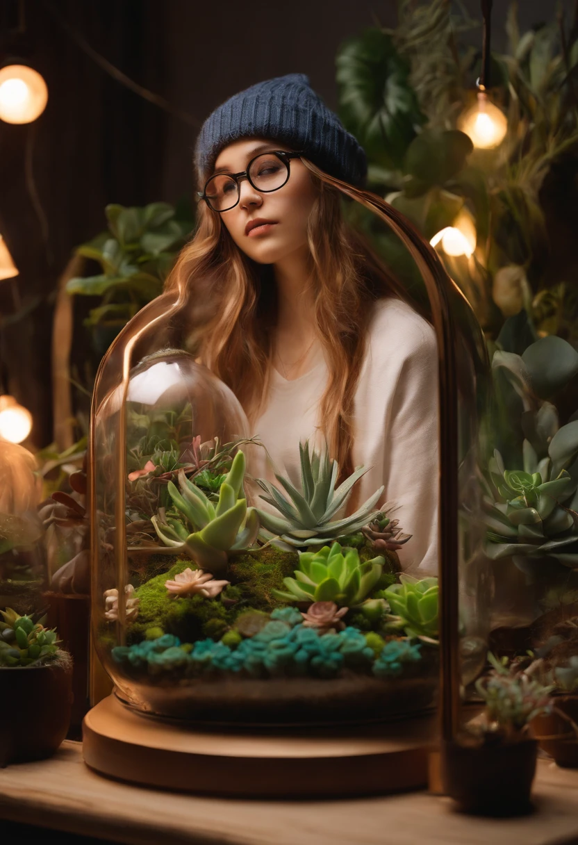 A photo of the character creating a DIY terrarium with succulents and air plants,original,Anime merch, beanie, glasses, long hair with neon streaks, no makeup, female