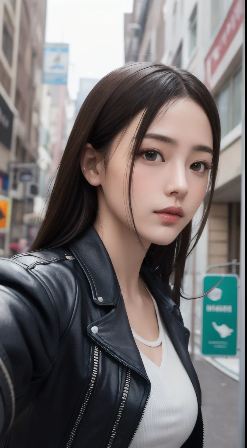 Photorealistic, masutepiece, Best Quality, Raw photo, selfee、1girl in, Solo, Long hair, Brown hair, Detailed face, alluring face, Black leather riders jacket, medium breasts, Dynamic Pose, Looking at Viewer, From below, Detailed background, fine detailed, intricate detailes, Ray tracing, depth of fields, lowkey, nffsw