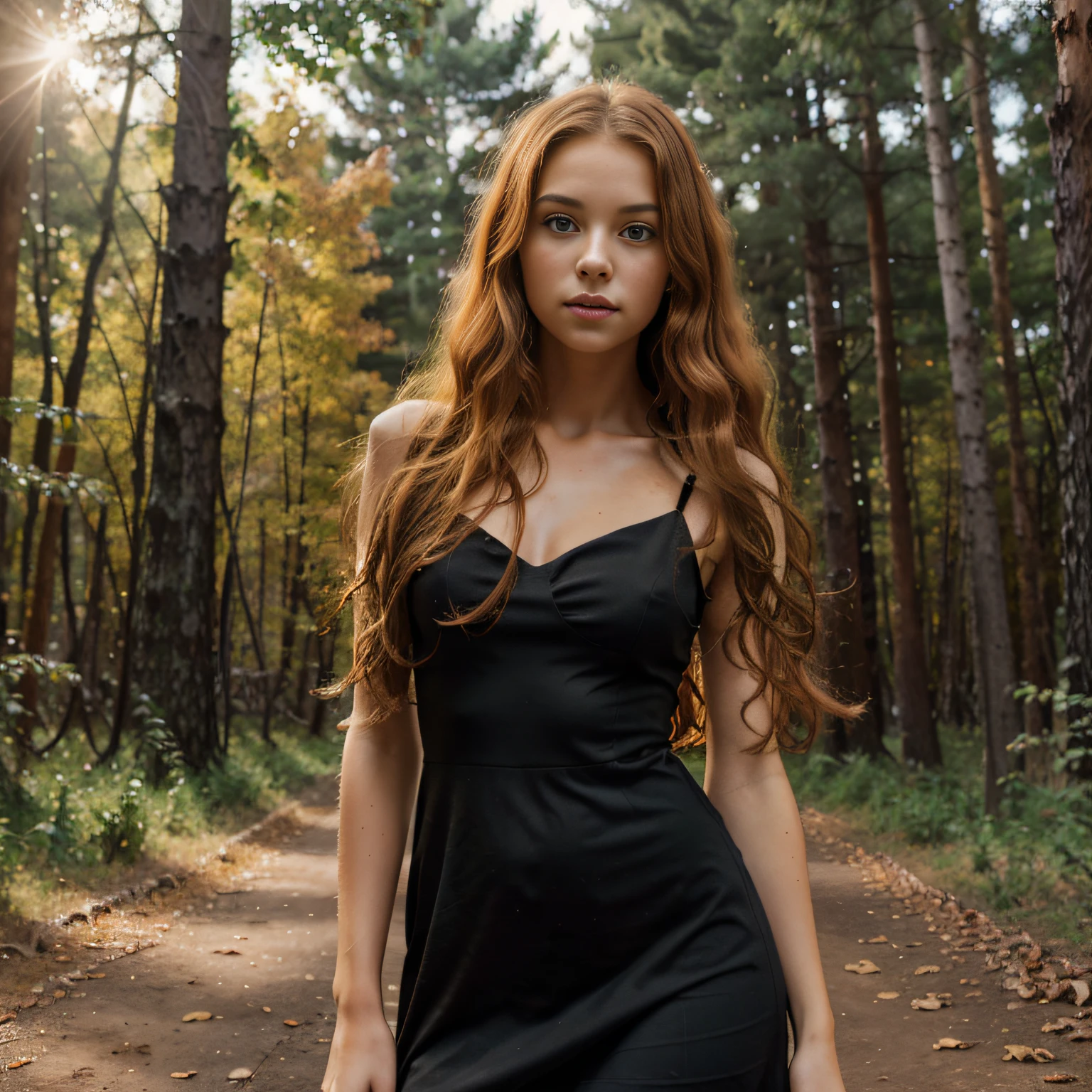 high resolution photo, nikon 7 photography, beautiful 18 young girl, many face frecles, natural face, orange wavy hair, long hair, big amber color eyes, cute baby face, slim pretty body, wear sexy black dress, forest environment, show whole body