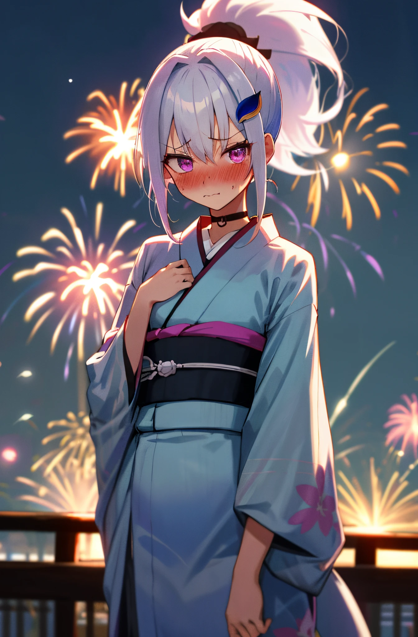 One girl with high ponytail hair, white hair, blue inner hair, purple eyes, looking at viewer, blushing, embarrassed, (embarrassed:1.2), kimono, outdoor, festival, slim, dizzy, choker, mid-?????, wide ????, perfect waist, night atmosphere, firework, hair ornament, standing, upper body,