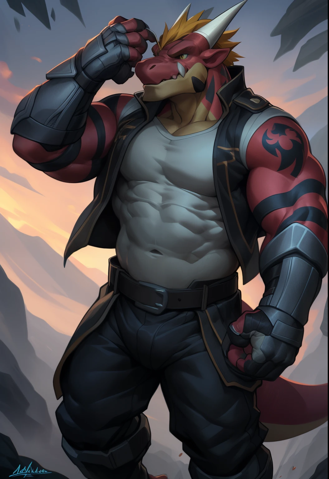 Anthro, solamente, delga, Dragon, ropa, masculino, ropa superior, muscular, Antro muscular, chaqueta, camisa, Guantes sin dedos, ojos verdes brillantes, macho musculoso, cuerpo rojo, Mirando al espectador, nada, ropa inferior, Tatoo, chaleco blanco, cabello rubio,NSFW, Antecedentes detallados, fotorrealista, manos realistas, 4K HD, Detalle extremo, (Sombras oscuras, wide dynamic range, HDR, poca luz:1.2), Por Canyne Khai,por milkytiger1145,por WFA ,por null-ghost