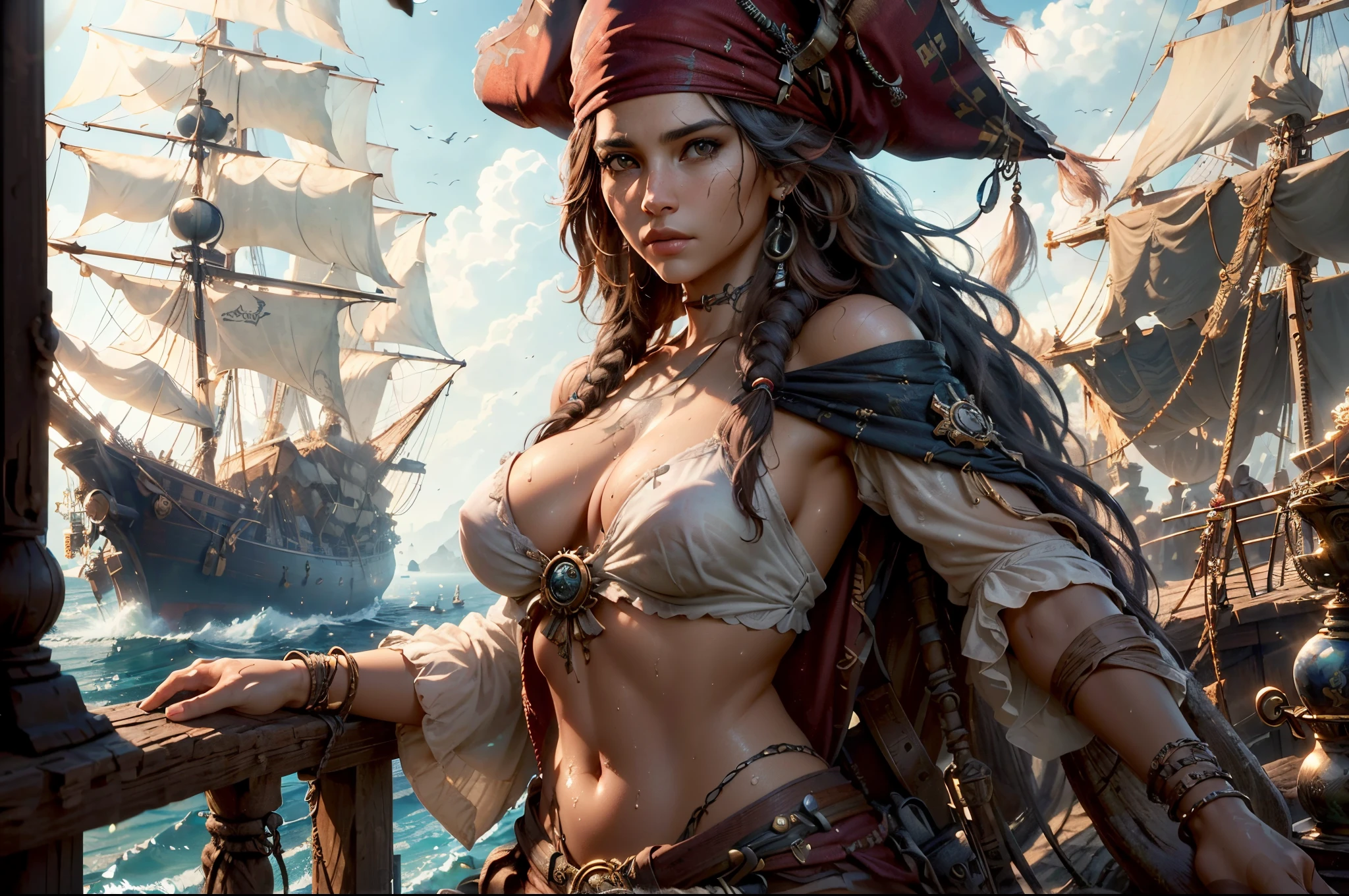Generate a detailed and creative description of a female version of Jack Sparrow with large breast. Envision her appearance, clothing, and accessories with a unique and captivating twist while maintaining the essence of Jack Sparrow from 'Pirates of the Caribbean.' Emphasize her personality traits and any distinctive features that set her apart, beautifull face, pretty face, masterpiece, best quality:1.2),(8k,highres,RAW photo,realistic,photo-realistic:1.3),(detailed skin texture,detailed cloth texture,beautiful detailed face:1.25),professional lighting,photon mapping,beautiful soft light,radiosity,physically-based rendering,model shoot style, model shoot style, (extremely detailed CG unity 8k wallpaper), full shot body photo of the most beautiful artwork in the world, complex 3d render ultra detailed, looking at viewer, 18 yo, wet hair, real human skin, vibrant details, hyperrealistic, beautiful, octane render, 8k, best quality, masterpiece, an extremely delicate and beautiful, extremely detailed ,CG ,unity ,wallpaper, (realistic, photo-realistic:1.37),Amazing, finely detail, masterpiece,best quality,official art, extremely detailed CG unity 8k wallpaper ,extreme detailed eyes, (perfect face), shiny skin, colorful, highest detailed, vibrant colors, ultra high res, (high contrast), intricate, lens flare,