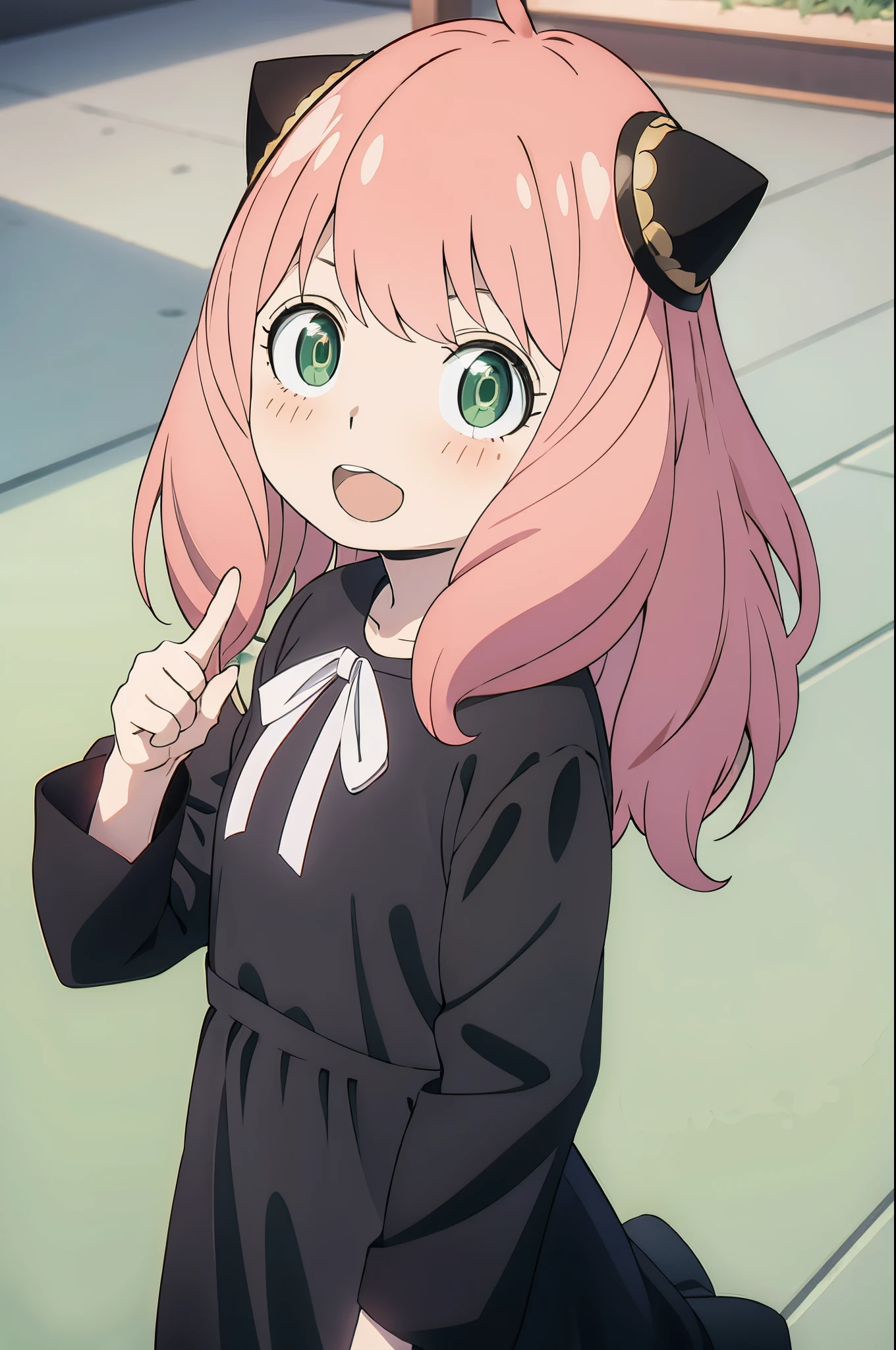 masuter piece, Best Quality, 超A high resolution, top-quality, Anime style, The best lighting, Beautiful face, Anime girl with pink hair and green eyes、Pointing something with a surprised look and a black cat hat、(1girl in:0.992)、(:D:0.583)、(bangss:0.701)、(red blush:0.584)、(verd s eyes:0.992)、(Look at viewers:0.711)、(Opening Mouth:0.760)、(A pink-haired:0.917)、(bow ribbon:0.826)、(shorth hair:0.571)、(A smile:0.855)、(独奏:0.949)、(tusk:0.770)、 (The upper part of the body:0.760)