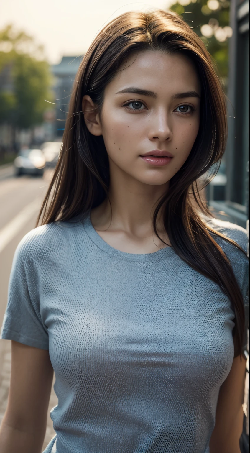 dressed, (photo realistic:1.4), (hyper realistic:1.4), (realistic:1.3), (smoother lighting:1.05), (increase cinematic lighting quality:0.9), 32K, 1girl,20yo girl, realistic lighting, backlighting, light on face, ray trace, (brightening light:1.2), (Increase quality:1.4), (best quality real texture skin:1.4), finely detailed eyes, finely detailed face, finely quality eyes, (tired and sleepy and satisfied:0.0), face closeup, t-shirts, (Increase body line mood:1.1), (Increase skin texture beauty:1.1)