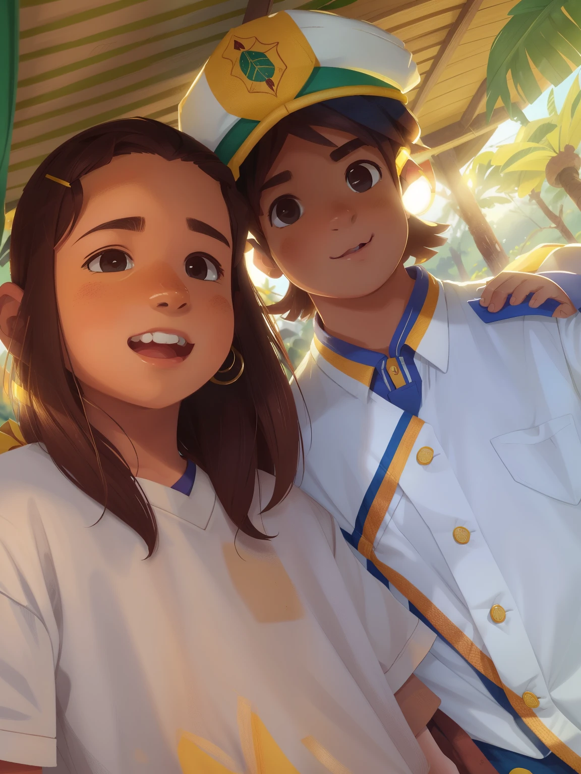 menino de 9 anos, cabelos curtos, cortados, marrons, olhos marrons, Shirt of the Brazilian national soccer team, amarela, caminhando sozinho em uma bela paisagem montanhosa no por do sol, feliz, estilo disney chanel, imagem uhd, 8k, ultra.