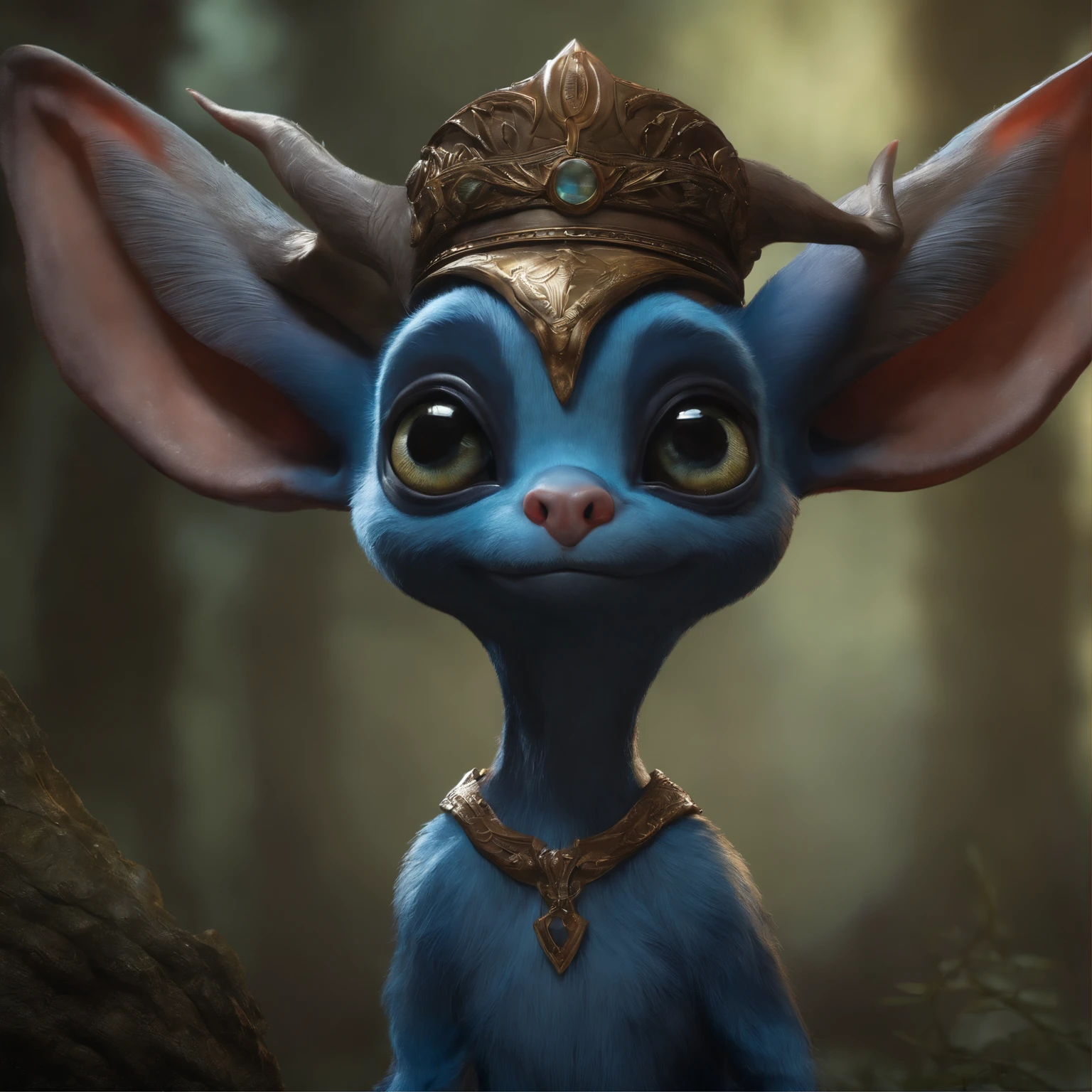 gremlin, like stitch,Antlers, Huge eyes, large ears, horns near the ears, Blue, dressed in a prvara uniform, , The clothes, Best Quality, Masterpiece, in style of dark fantasy art
