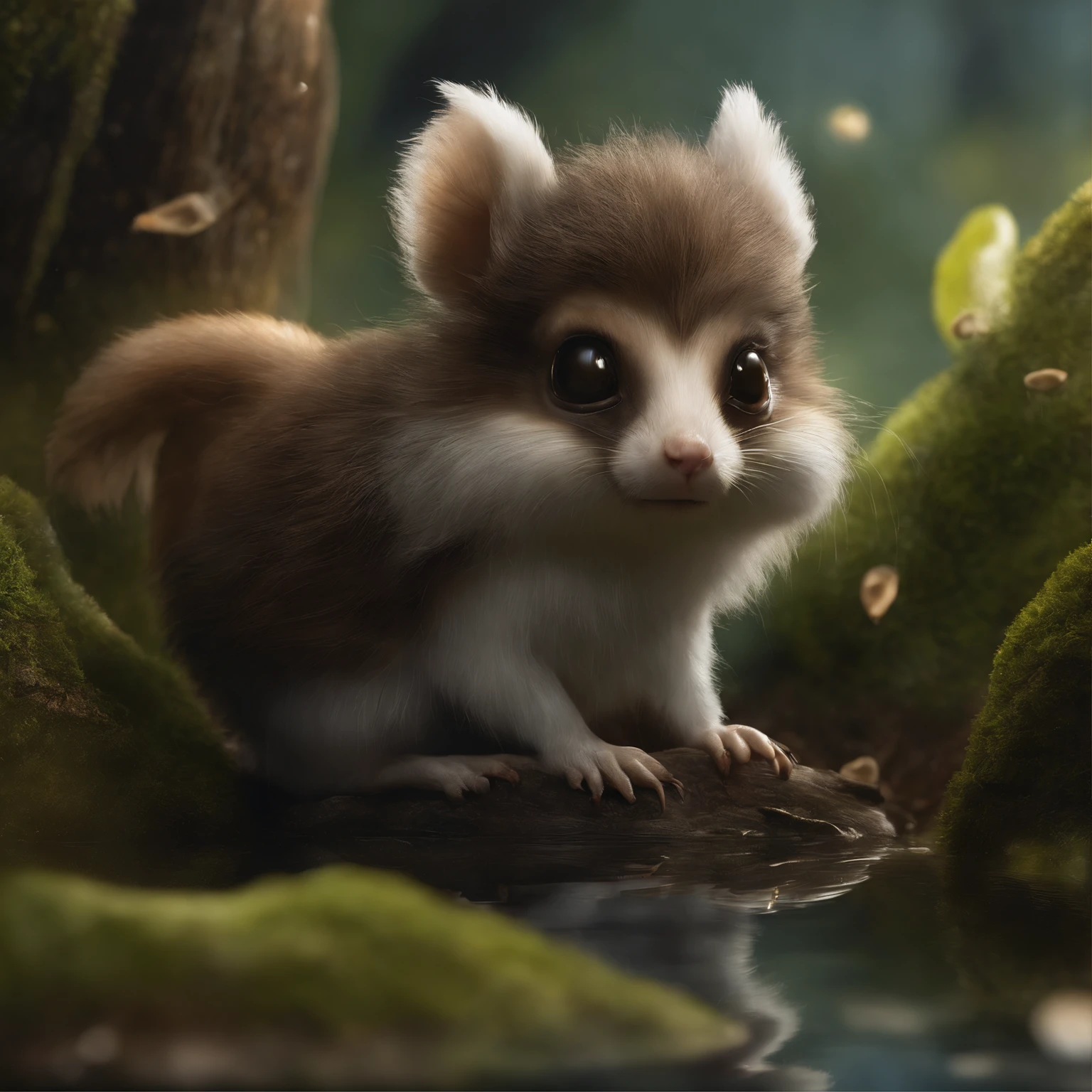 gremlin, similar to ezilna, bright silver and brown, long tail, large ears, covered with silver fur, holding an acorn in his paws,  mushroom caps are visible in the clearing, water, Burrow, tree roots stick out from the walls in the hole,  mushrooms sticking out of the ground, Best Quality, Masterpiece, in style of dark fantasy art,真实感, Realism, tmasterpiece, Brad Jongsan walks in the jungle (Night of the Fireflies), (higly detailed: 1 1), rough face, natural skin, hiquality, NSFW, pretty eyes, (Detailed face and eyes), (s face: 1 2), tumult, Complementary, real-photo, ...PSD, Lightweight Film Photography, sharp-focus, contrast lighting, Detail Skin, high resolution 8k, Crazy detailing, Realistic, professional photo of a, 8K UHD, dslr, soft light, hiquality, film grains, Fujifilm XT3