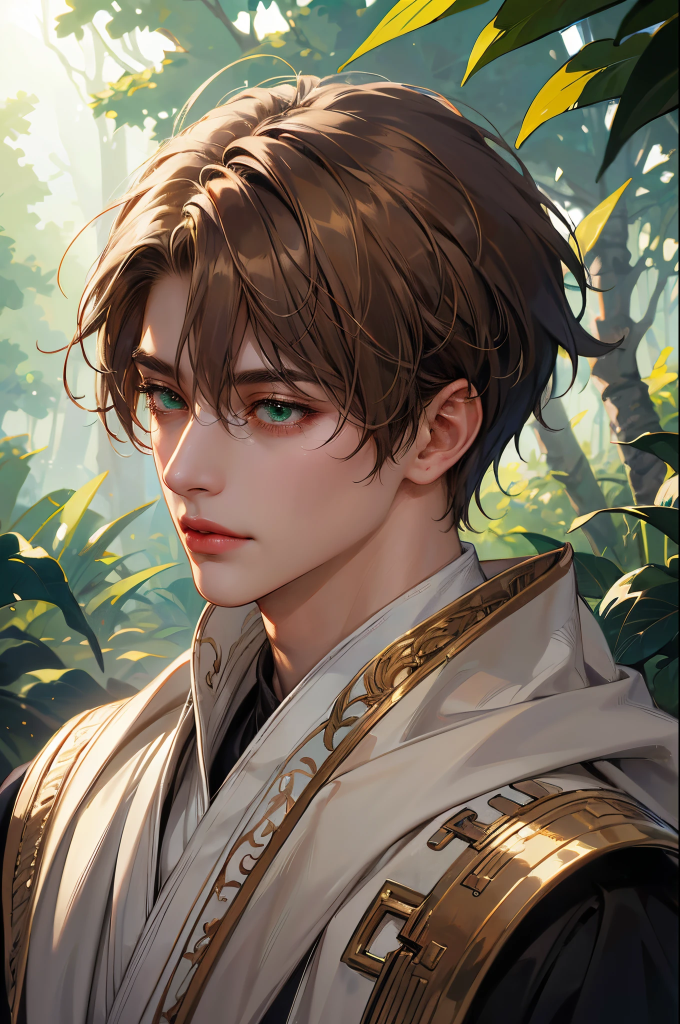(absurdres, highres, ultra detailed, original character, HDR), 1boy, solo, handsome, (tall muscular guy, broad shoulders), finely detailed eyes, ((fluffy short light brown hair)), hair between eyes, forehead, emerald green eyes, magical spell, fantasy, white robe, ((portrait)), face focused, fairy colorful forest scenery, colorful light, rainbow colored trees, fantasy greek castle, long face, closed mouth, looking away, depth of field, sunlight, flare
