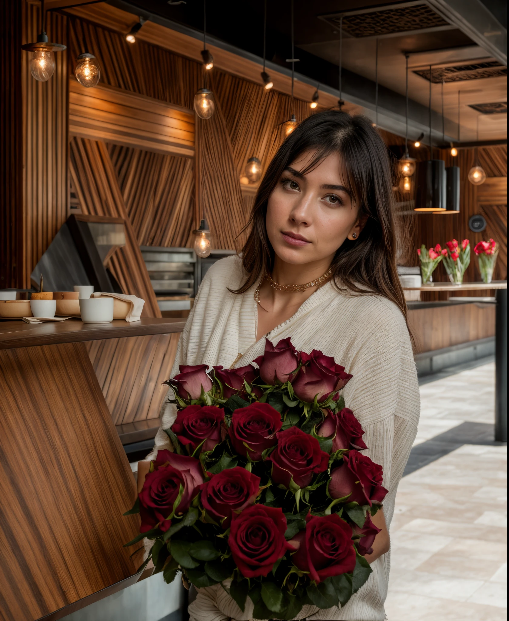 Woman in a restaurant with roses, 4k, 8K, Breathtaking, lush detail, Cinematic, Commercial art, Digital Art, Digital Painting, (((Do not change your face)))