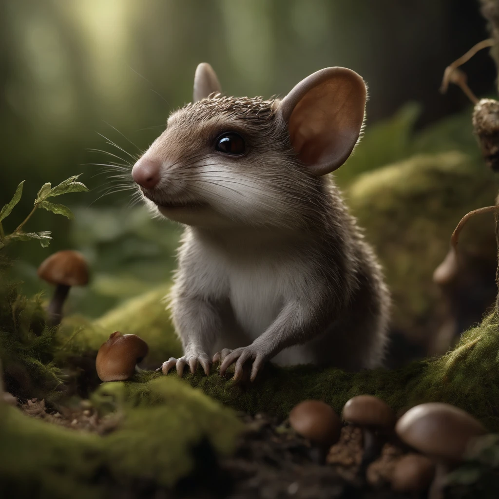 gremlin, looks like a mole, bright silver and brown, long tail, large ears, covered with silver fur, there are acorns lying around, holding an acorn in his paws, mushroom caps are visible in the clearing, water, Burrow, tree roots stick out from the walls in the hole, mushrooms sticking out of the ground, Best Quality, Masterpiece, in style of dark fantasy art,真实感, Realism, tmasterpiece, Brad Jongsan walks in the jungle (Night of the Fireflies), (higly detailed: 1 1), rough face, natural skin, hiquality, NSFW, pretty eyes, (Detailed face and eyes), (s face: 1 2), tumult, Complementary, real-photo, ....PSD, Lightweight Film Photography, sharp-focus, contrast lighting, Detail Skin, high resolution 8k, Crazy detailing, Realistic, professional photo of a, 8K UHD, dslr, soft light, hiquality, film grains, Fujifilm XT3