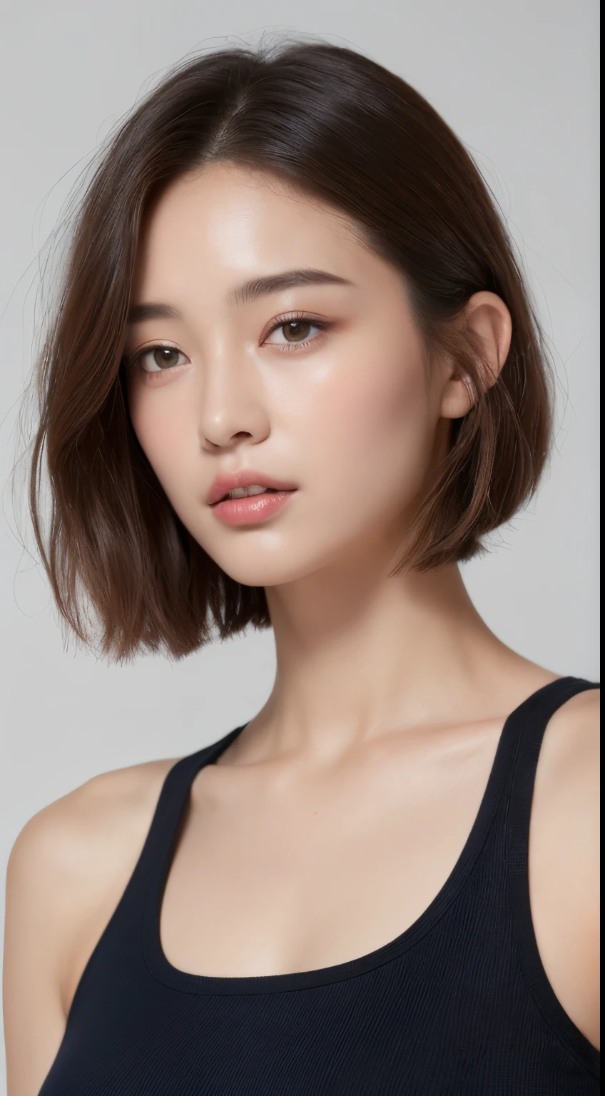 ((top-quality、8K、masterpiece:1.3))、1girl in、Beautiful woman emphasizing slender abs:1.3、(Random Hair Styles:1.2)、Oversized tank top:1.2、Super Detailed Face、detailedeyes、二重まぶた、One Woman、portlate、studio