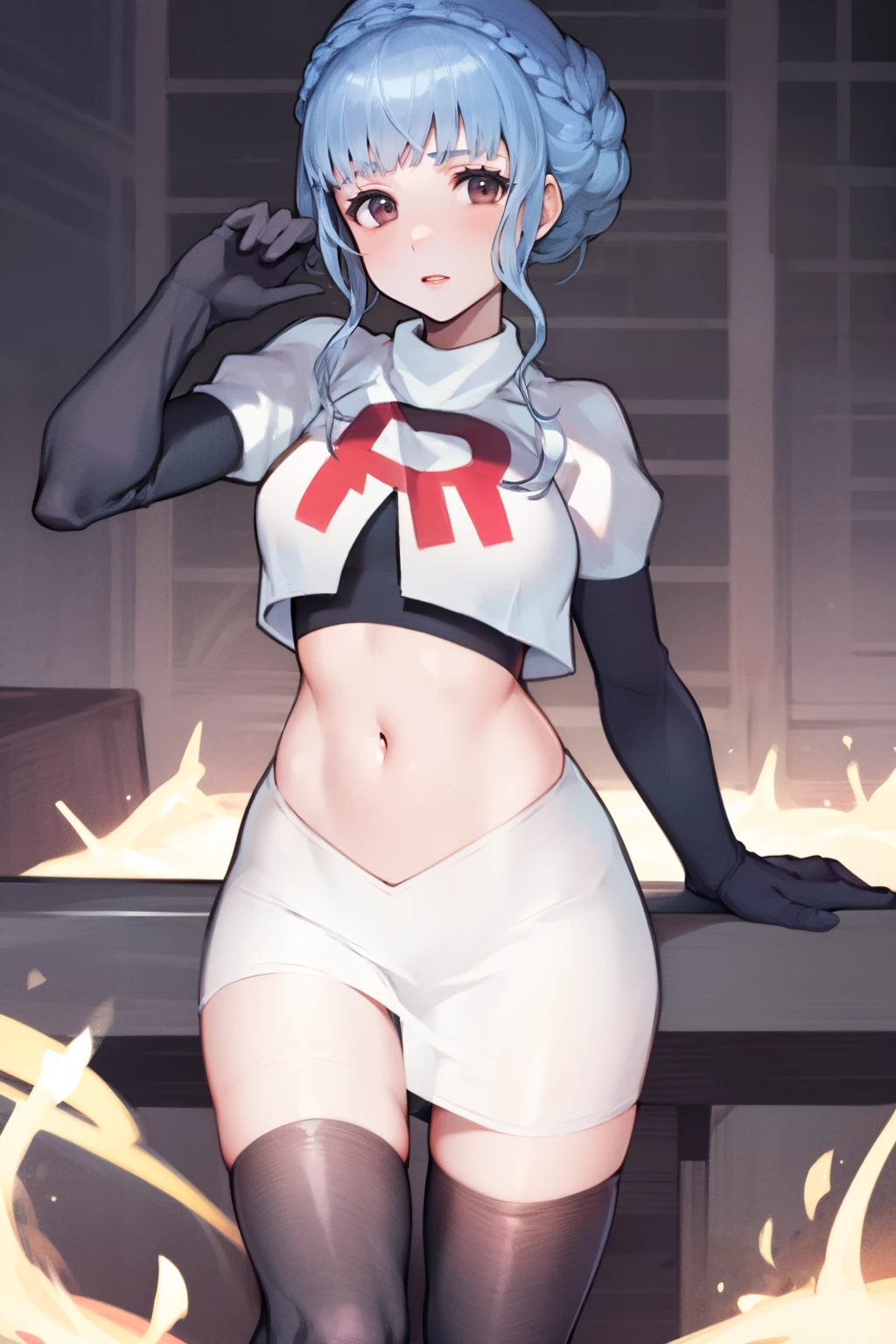 marianne von edmund, team rocket uniform, red letter R, white skirt,white crop top,black thigh-high boots, black elbow gloves, looking at viewer, cowboy shot, sexy pose , night sky background