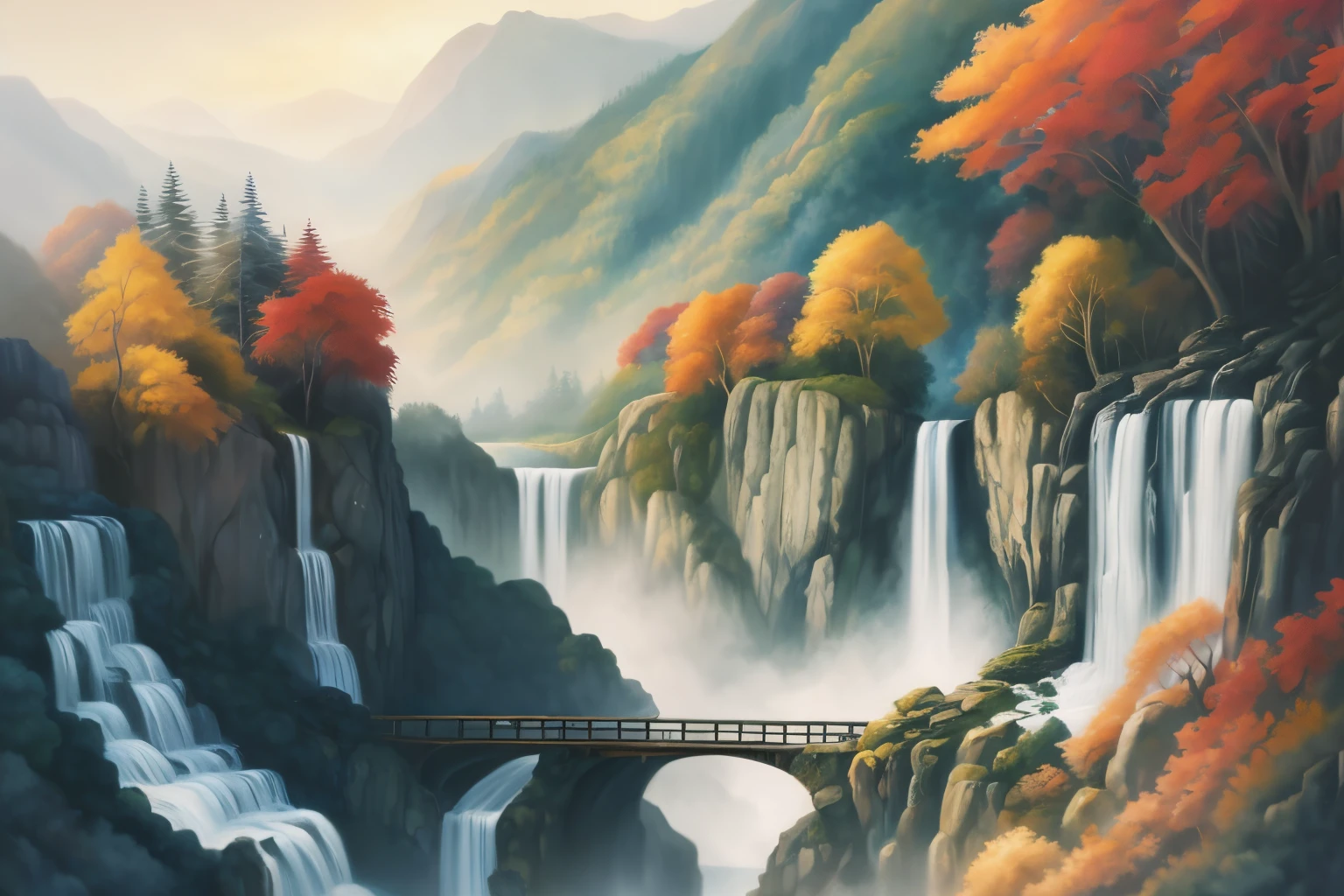 there is a painting of a waterfall and a bridge in the mountains, beautiful art uhd 4 k, 4k highly detailed digital art, detailed painting 4 k, detailed scenery —width 672, a beautiful artwork illustration, 8k stunning artwork, 4k detailed digital art, beautiful digital painting, 8k high quality detailed art, digital painting highly detailed