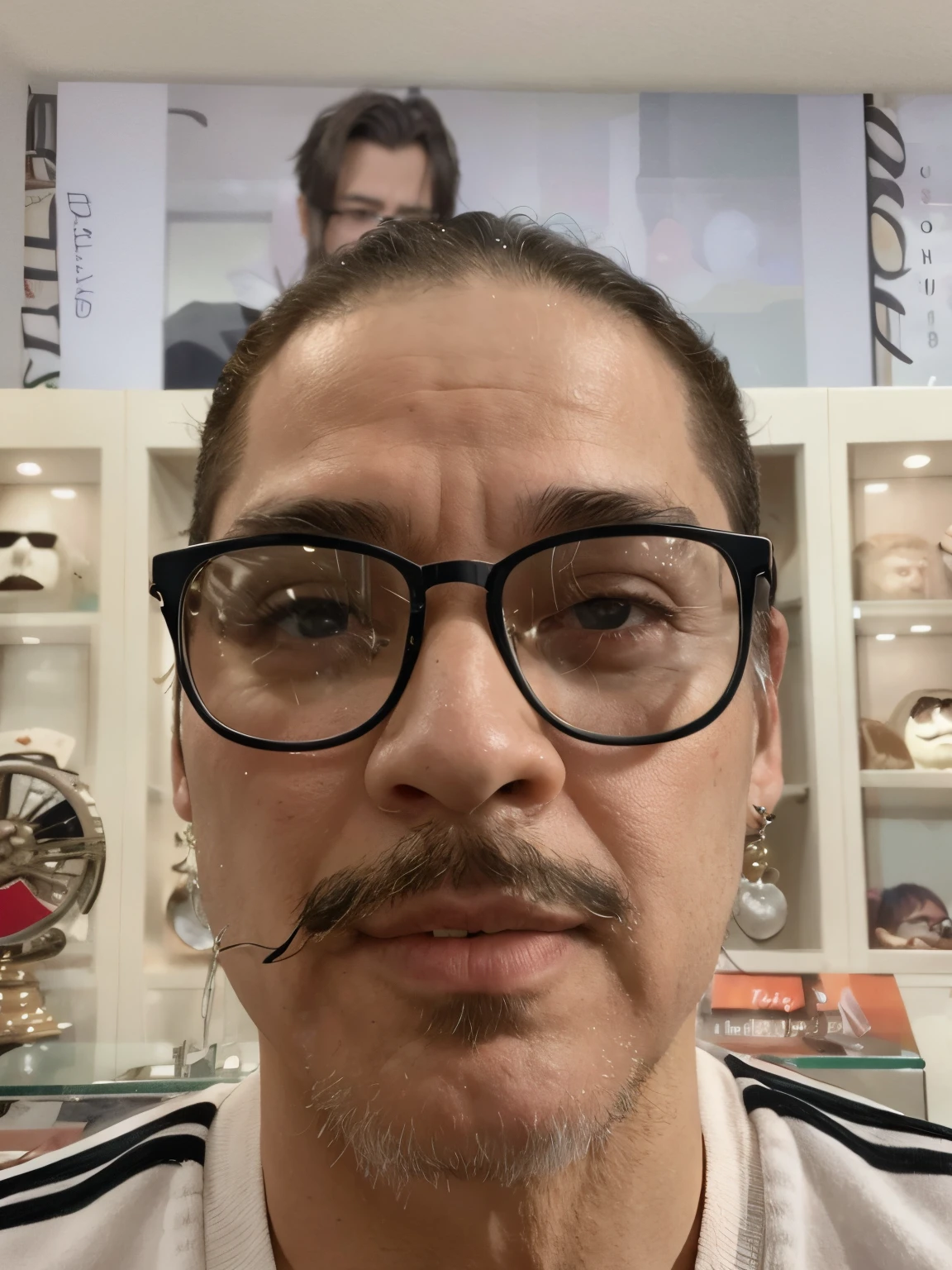 there is a man with glasses and a mustache in a store, com bigode, Bigode mexicano, rosto detalhado com bigode, Unibrow, mustache, bigode grosso, handlebar mustache, bigode, usar um bigode elegante, inspirado em Leo Leuppi, facial hair, bigode fino, Betty feia, with glasses and goatee, Aykut Aydogdu