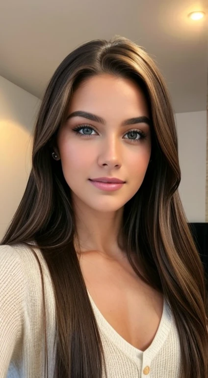 A photorealistic photo of a 25-year-old American woman., elegante y moderna, with long brown hair and striking brown eyes, con ojos marrones. It's at home. foto de cuerpo entero, La chica con ropa elegante. Toma una foto completa pi, Foto de longitud.. Para que la chica sea atractiva para los hombres, must have a natural and attractive facial expression, Take a high resolution photo.