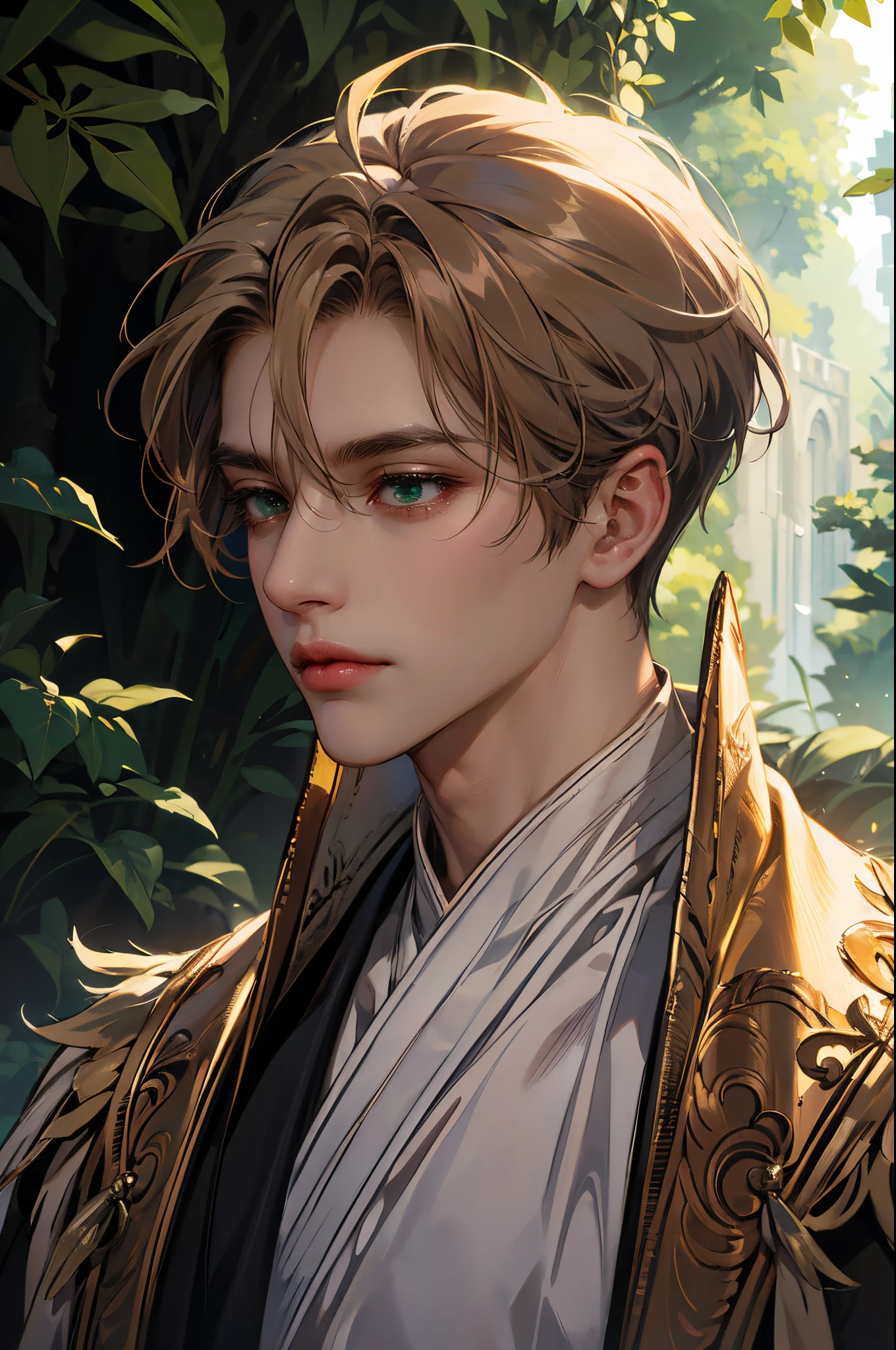 (absurdres, highres, ultra detailed, original character, HDR), 1boy, solo, handsome, (tall muscular guy, broad shoulders), finely detailed eyes, ((fluffy short light brown hair)), hair between eyes, forehead, emerald green eyes, magical spell, fantasy, white robe, ((portrait)), face focused, fairy colorful forest scenery, colorful light, rainbow colored trees, fantasy greek castle, long face, closed mouth, looking away, depth of field, sunlight, flare